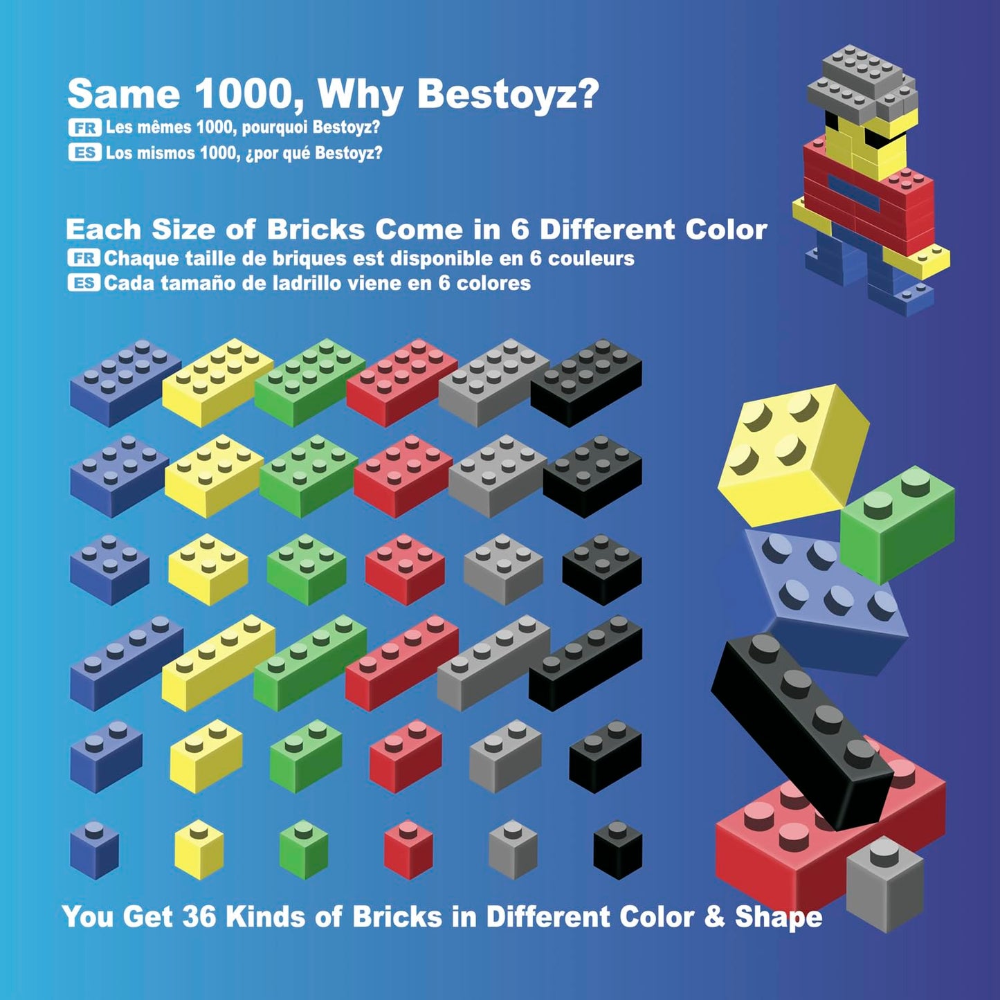 Bestoyz 1000 Pieces Building Blocks, Bulk Classic Building Bricks Toy, Big Box of Basic Bricks, Compatible with Major Brands, Educational Construction Toys & Gifts for Kids 4+