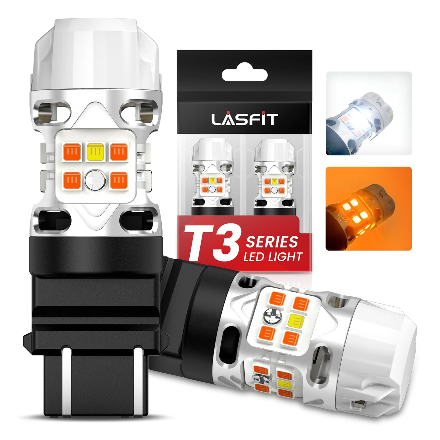 LASFIT 3157 Switchback LED Bulb, T3-3157, Amber/White, Built-in Resistor, Super Bright, 2Pcs