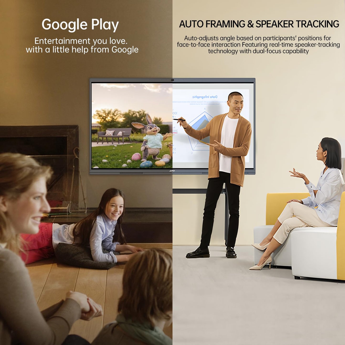 JAV 55" Smart Board Pro Google EDLA Certified 4K UHD Interactive Whiteboard for Classroom Office All-in-One Touchscreen Display with 48MP AI Camera 100W Soundbar Android 14 8+128GB Wall Mount Included