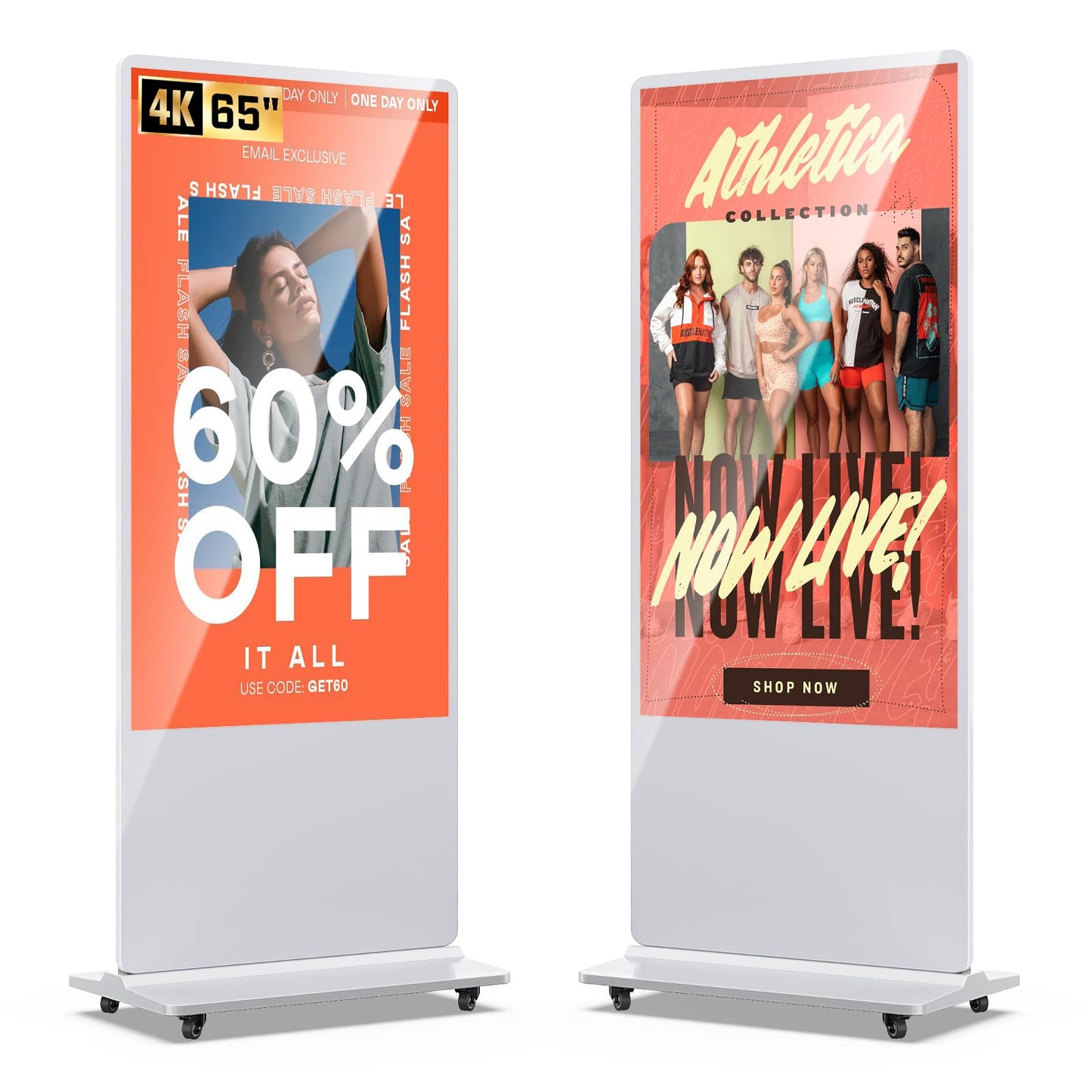 QIXZOCV MWE 65 Inch 4K Digital Signage Display Kiosk, Indoor Floor Standing Advertising Display Poster, LCD Commercial Display with Auto Media Player, Android System, HDMI/USB/WiFi, White