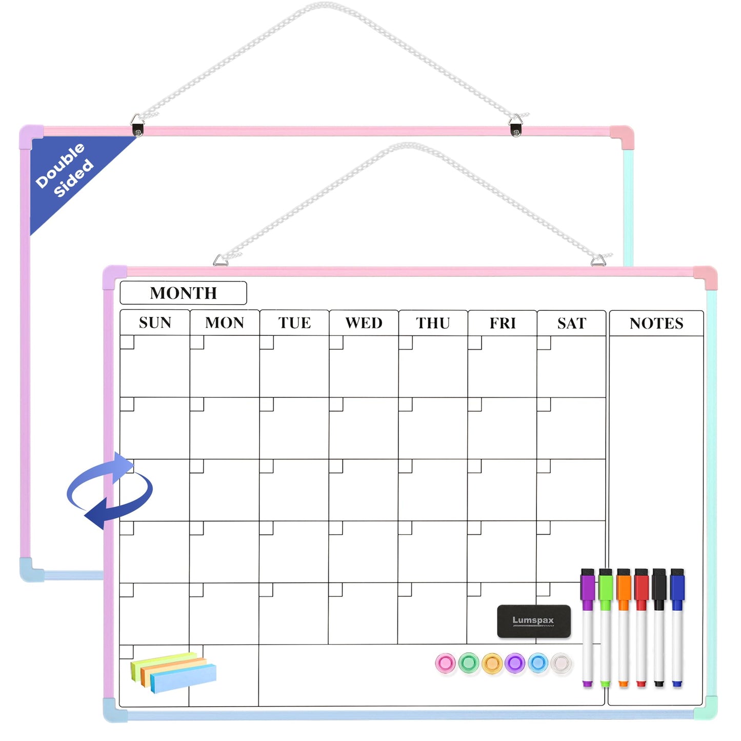 Lumspax Monthly Whiteboard Calendar for Wall, 24" x 18" Dry Erase Board with Plastic Frame, Hanging Dry Erase Calendar with 3 Mini Sticky Notes for Kitchen Planner, Memo, Home and Office, Colorful