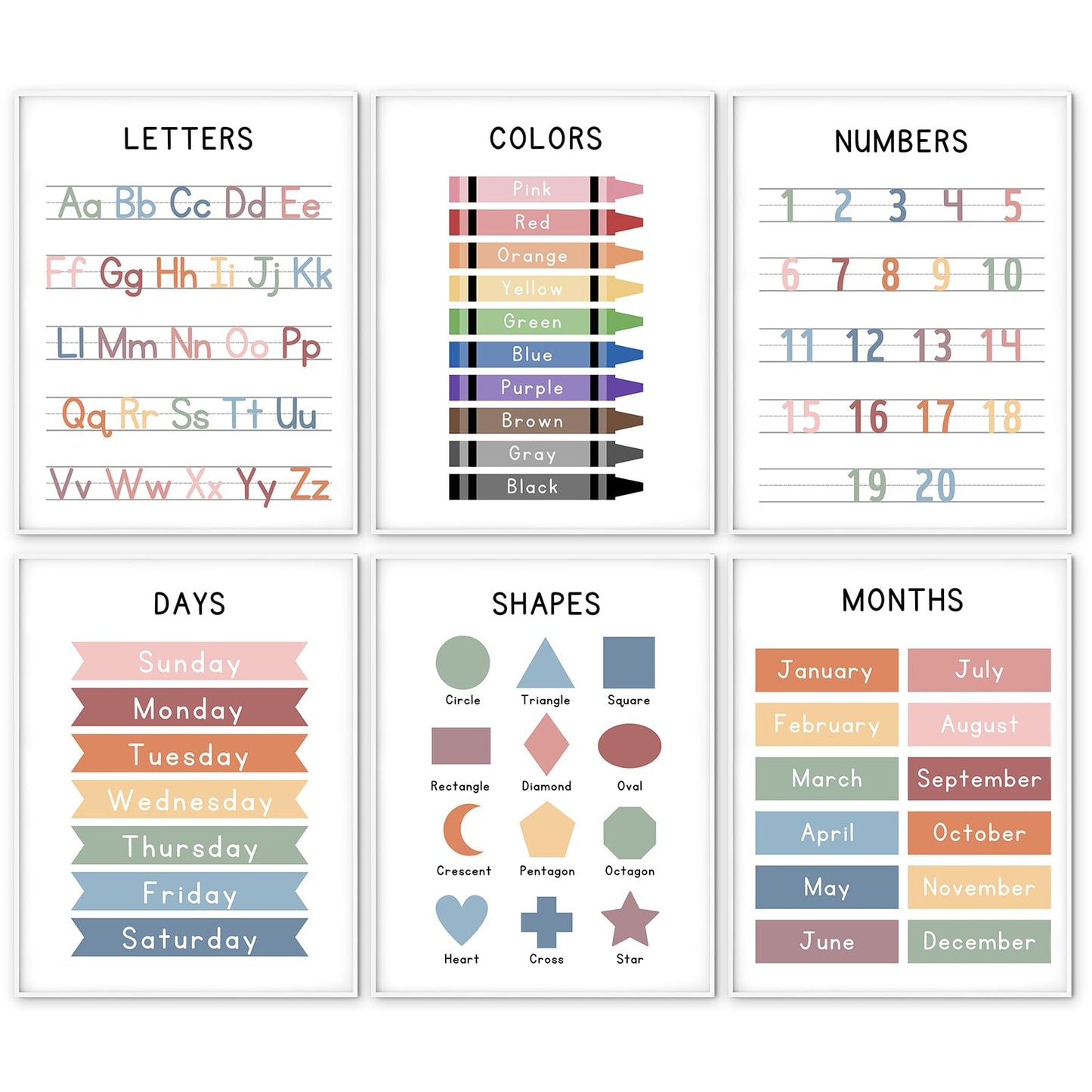 WINDVALE Educational Posters – Learning Posters for Toddlers, Preschool & Kindergarten – 6 Classroom Prints with Alphabet, Numbers, Colours, Days, Months & Shapes – Nursery & Homeschool Wall Decor