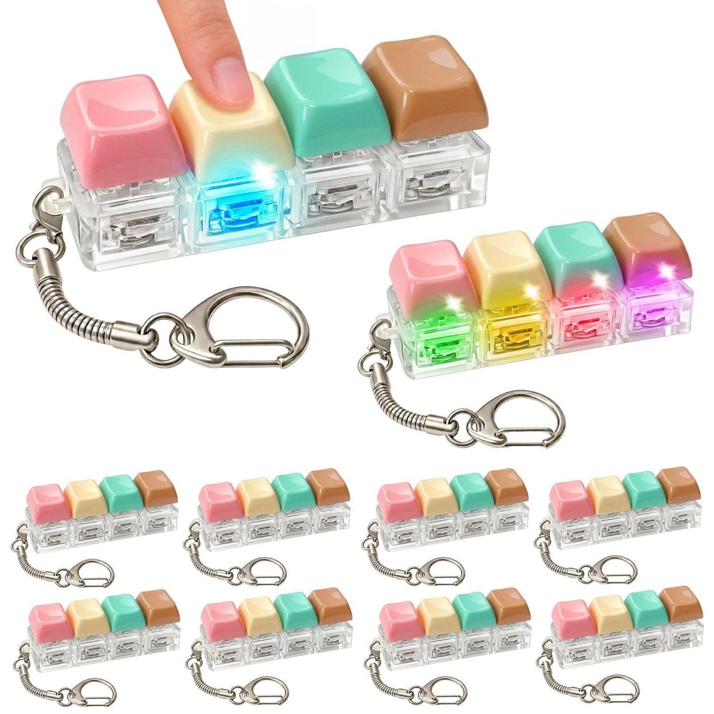 10PCS Light Up Keyboard Fidget Toy, 4-Key LED Keyboard Fidget Clicker Keychain with RGB Lights, Portable Mechanical-Style Sensory Desk Toy for Adults and Teens
