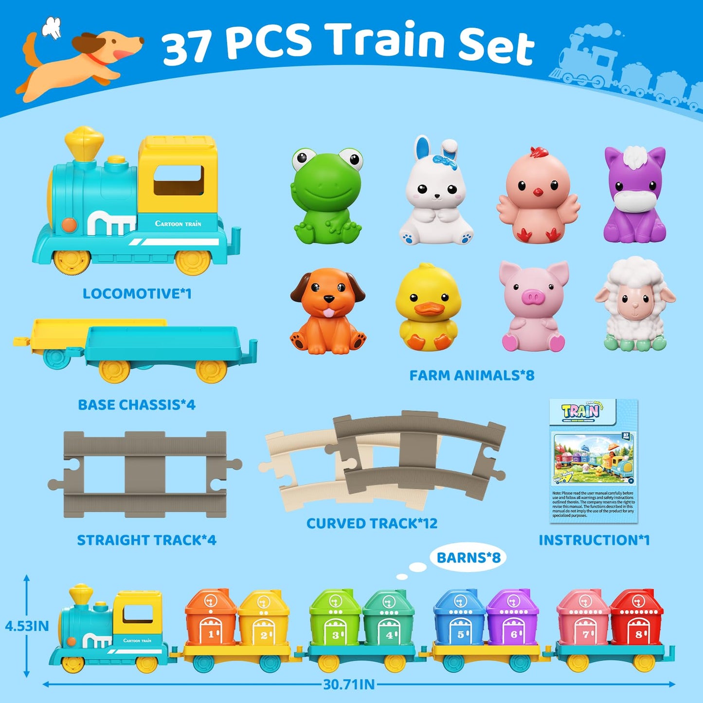 Cmiolacuna Train Set for Toddlers 2-4, Electric Toddler Train Set with Farm Animals, Music & Lights, Montessori Counting & Sorting Learning Toy, Birthday Easter for Boys Girls (Blue/Yellow)