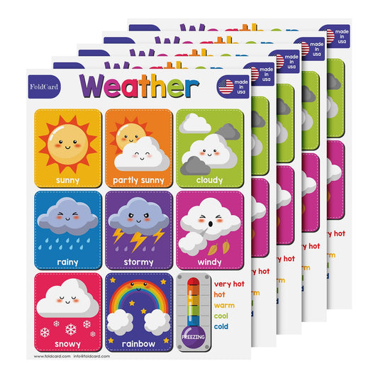 Weather Chart for Preschool to Grade 1 Kids – Bright and Colorful Educational Visual/Learning Aid Poster Decoration for Classroom or Home | Glossy Durable Cardstock | 8.5" x 11" | 5 per Pack