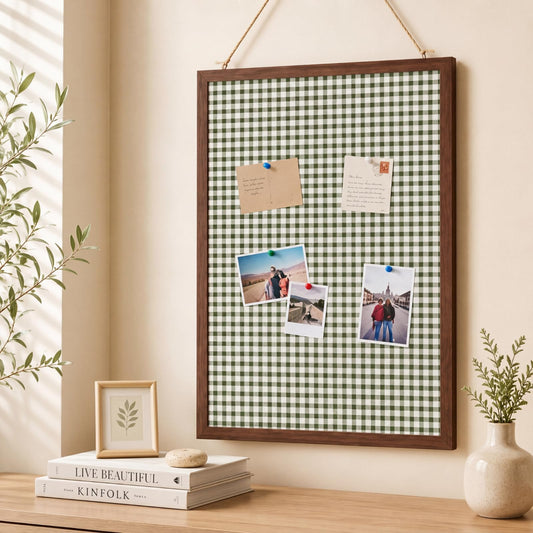 Leinuosen 17" x 23" Linen Cork Board for Walls Decorative Green Gingham Cork Boards Wood Framed Bulletin Boards, Picture Display Vision Pin Corkboards for Farmhouse Home Room Office Cottagecore Decor