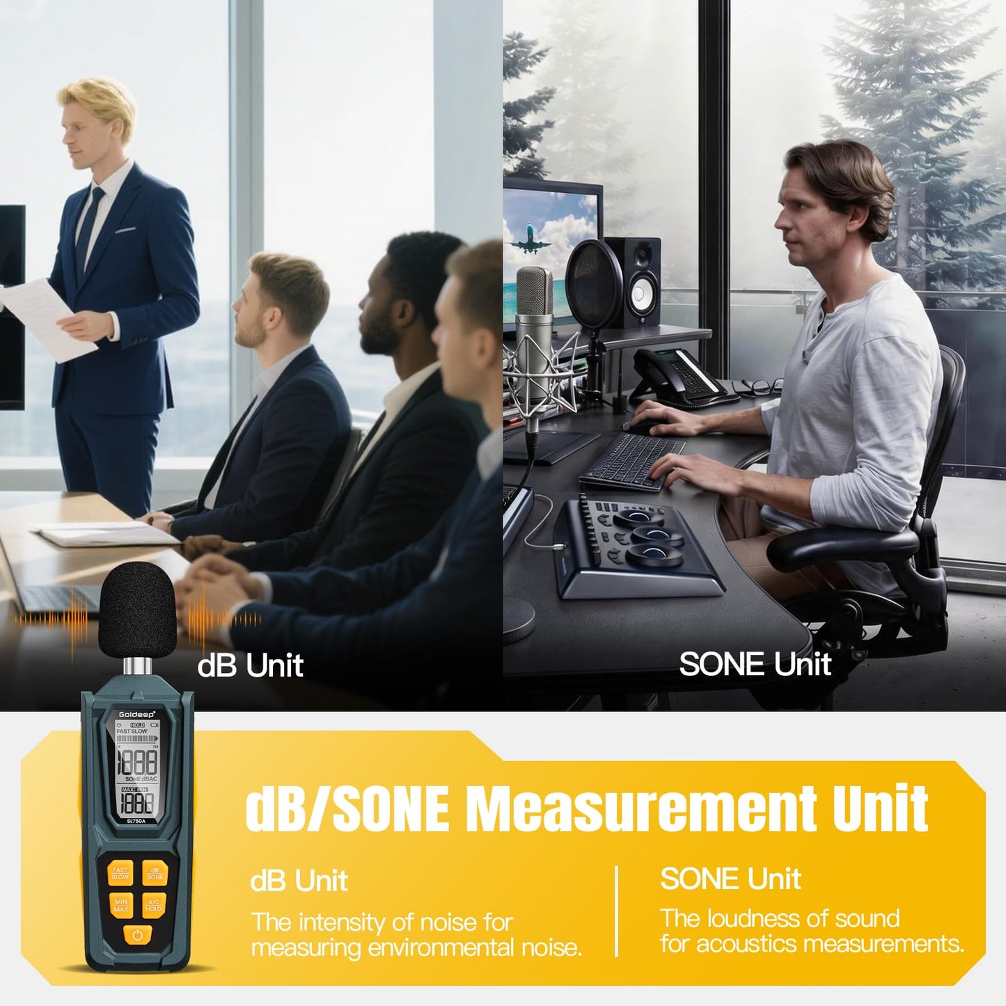 Decibel Meter, Goldeep SL750A Digital Sound Level Meter 30-130dB, A/C Weighted DB Meter with dB/SONE, Fast/Slow, MAX/MIN, LCD Sound Meter for Home, Office, Factory, Neighbor Noise - Lemon Yellow