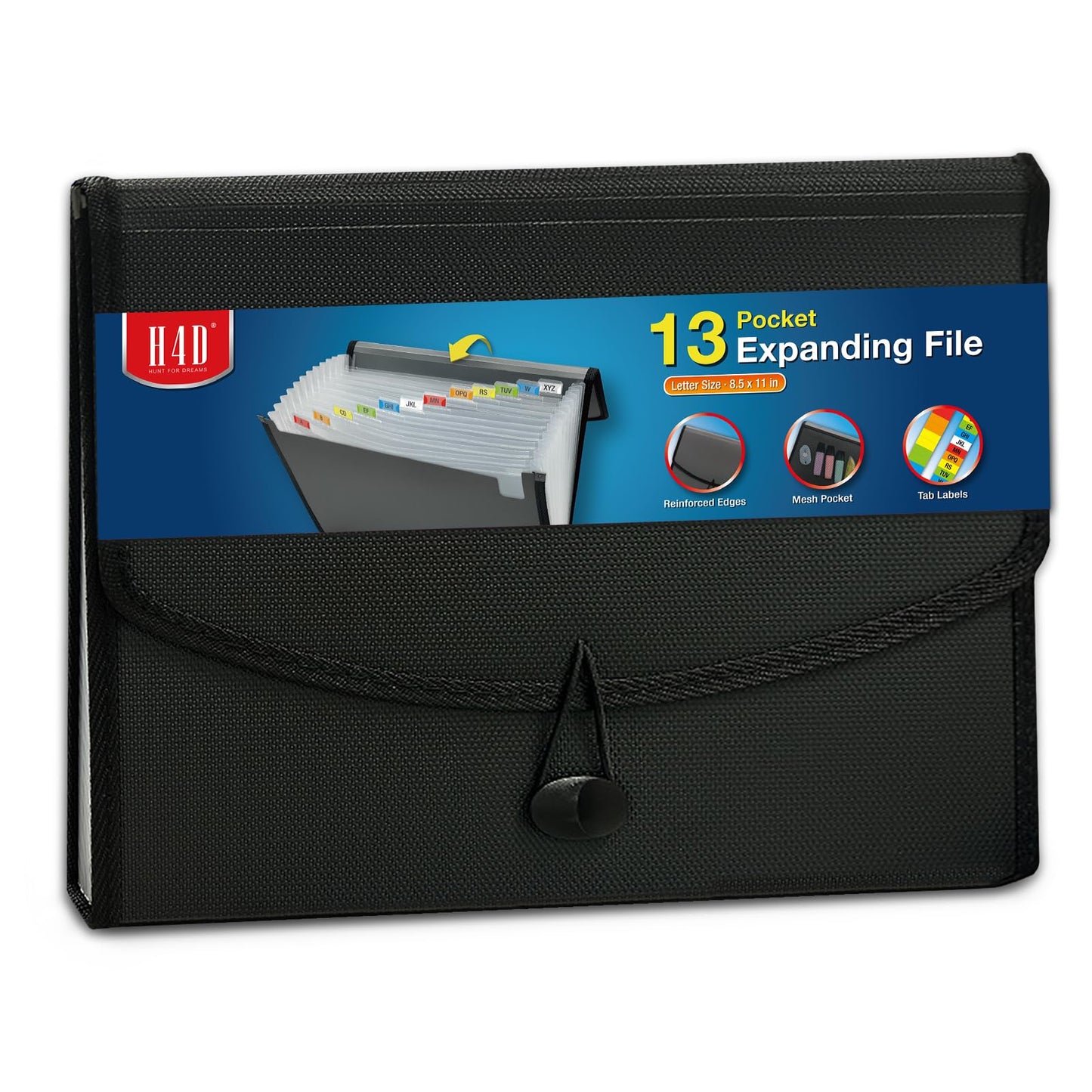 H4D 13-Pocket Accordion File Organizer with Mesh Pocket, Expanding File Folder with Tabs, Expandable Document Organizer for Home Office School, Letter Size, Black
