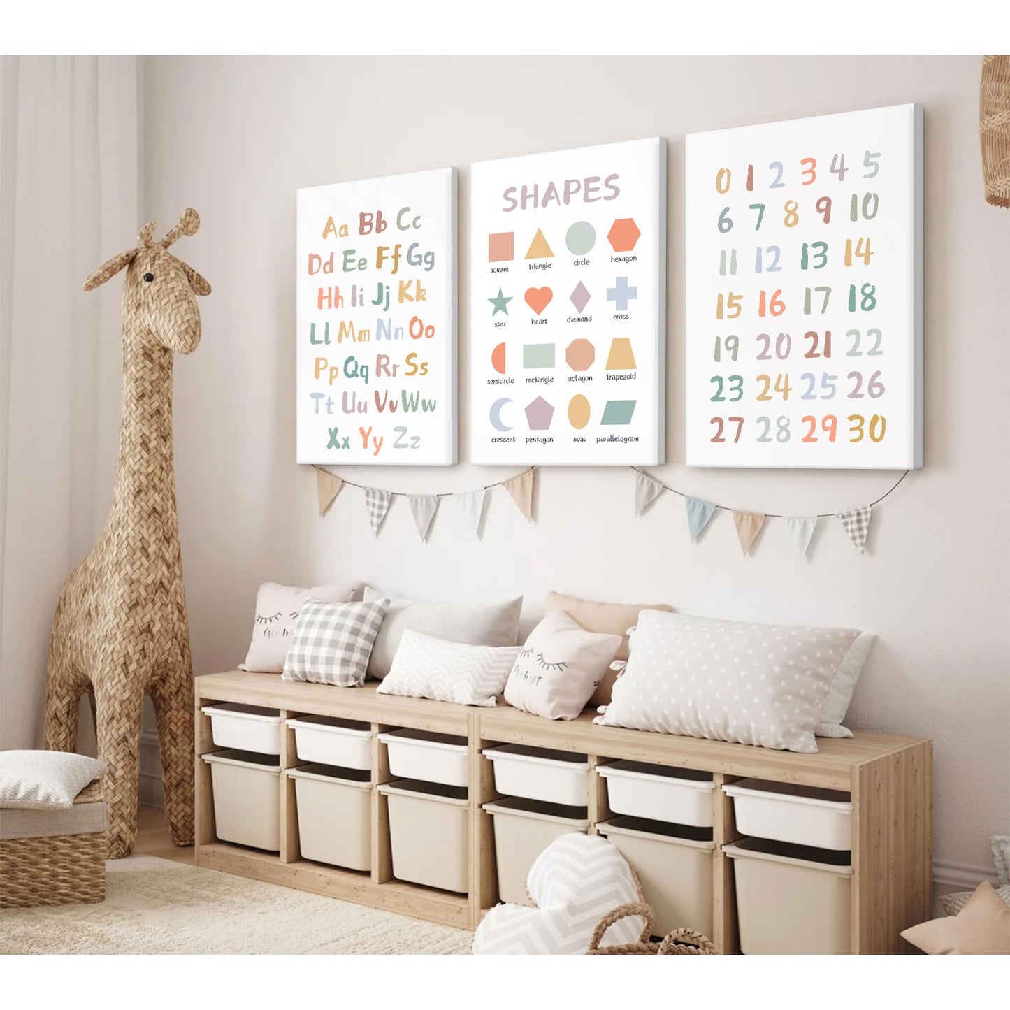 Kids Playroom Wall Art Decor Nursery ABC Alphabet Poster Play Room Canvas Wall Decor Toddler Childrens Educational Artwork Numbers Shapes Prints ABC Picture for Playroom 12x16 Inch Ready to Hang 3Pcs