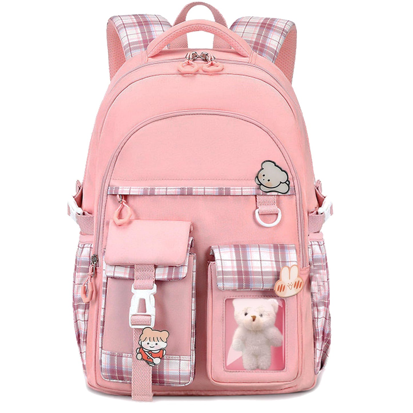 PRLINJSK Girls Backpack，Cute School Backpack for Girls Kids Teens，Kawaii Bookbag for Primary Elementary，Pink