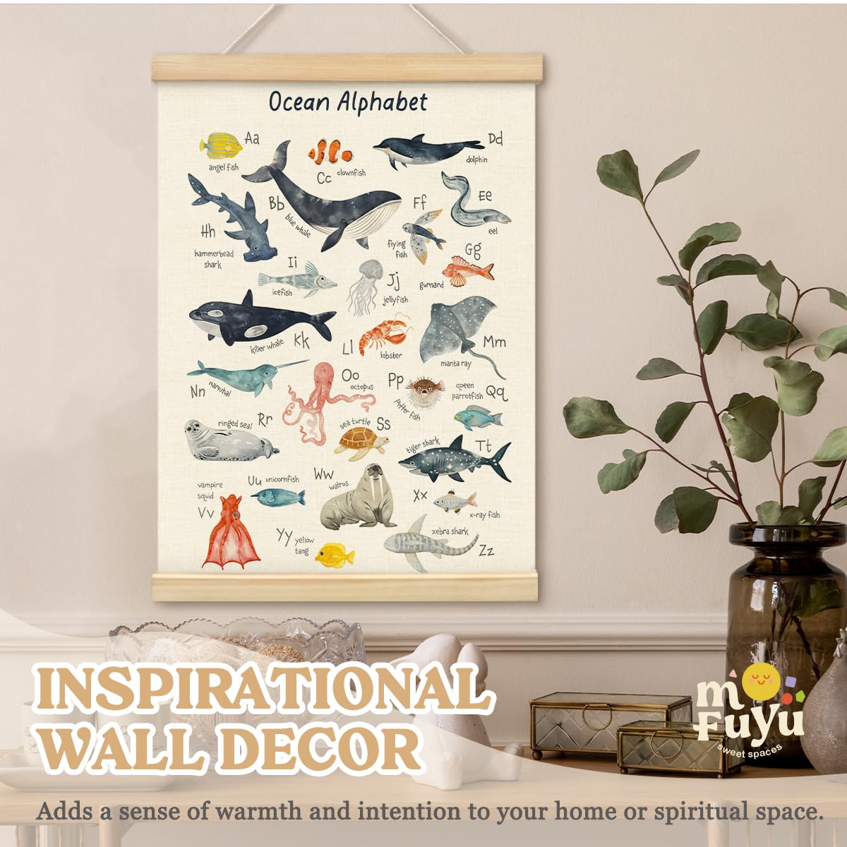 MOFUYU Ocean Nursery Decor,Ocean Alphabet Poster for Classroom Wall,ABC Posters Hanger Frame for Kidsroom,Nursery,Classroom,Kindergarten 12x16 Inch