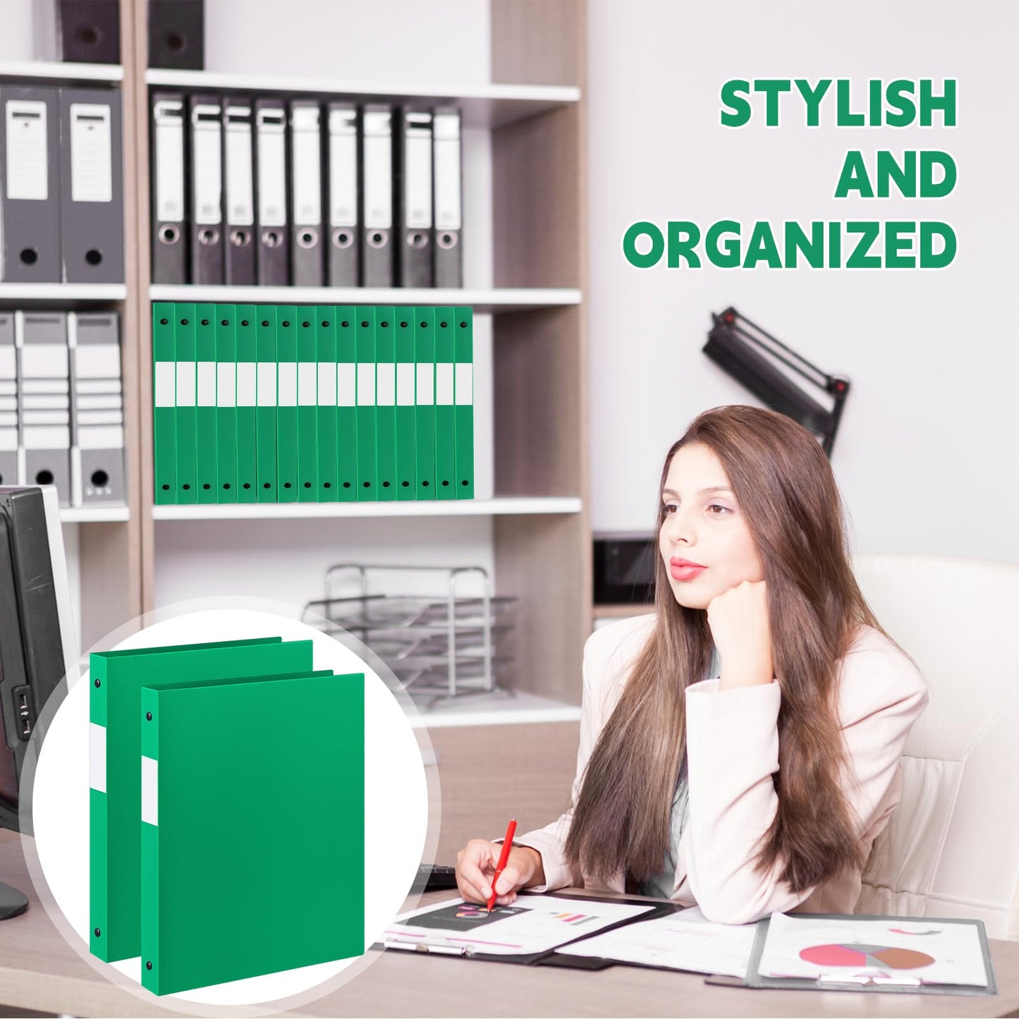 Henoyso 26 Pack 0.5 Inch Plastic 3 Ring Binder Round Ring, Bulk 1/2 Inch Flexible Binders Hold 140 Sheets Letter Size with Pocket, Document Organizer for Back to School Classroom Office (Green)