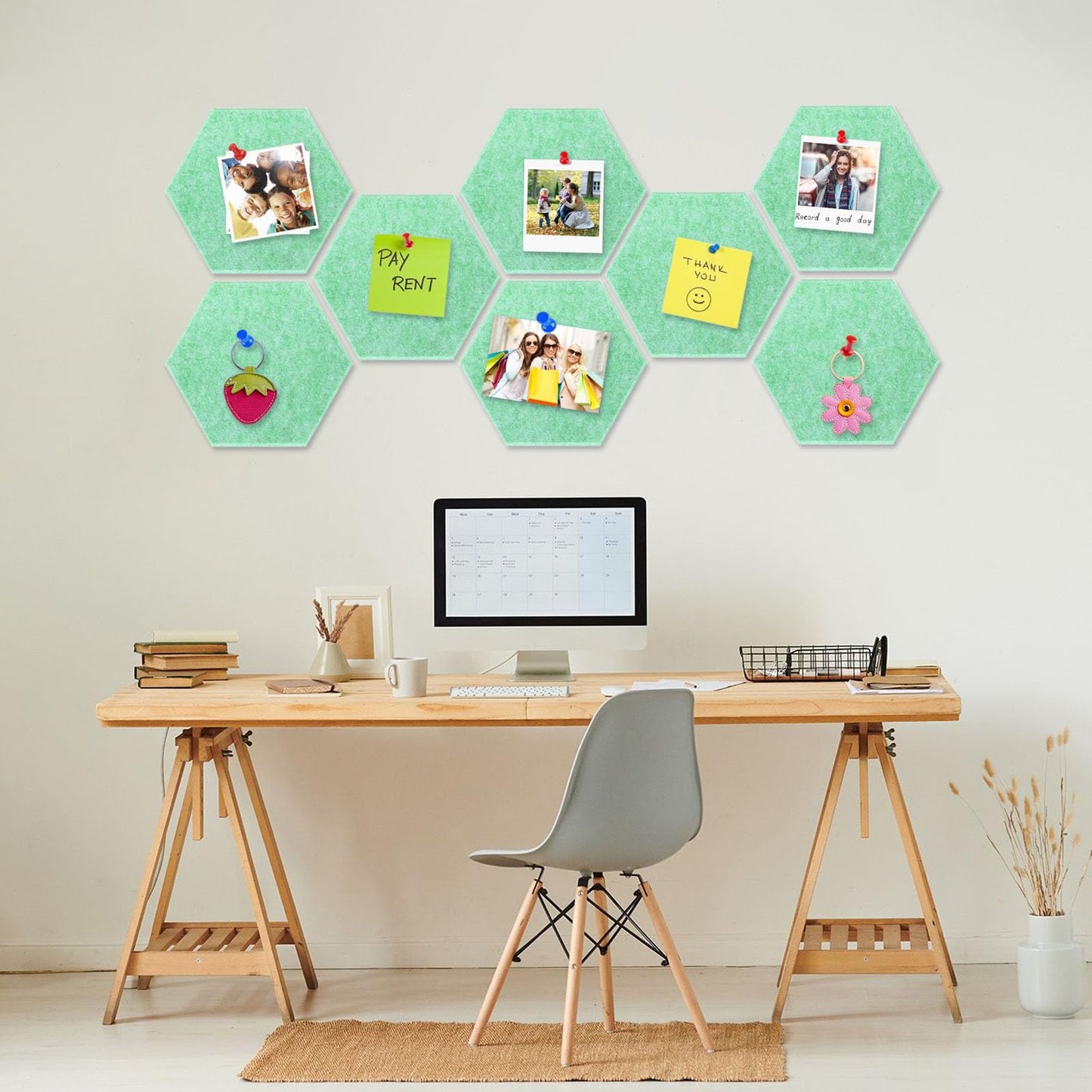 8 Packs Light Green Hexagon Felt Pin Board, 12" Bulletin Board with 30 Push Pins, Felt Board for Home Kitchen Office Decor, Self-Adhesive Corkboard Tiles for Walls Message Photos Memos Display