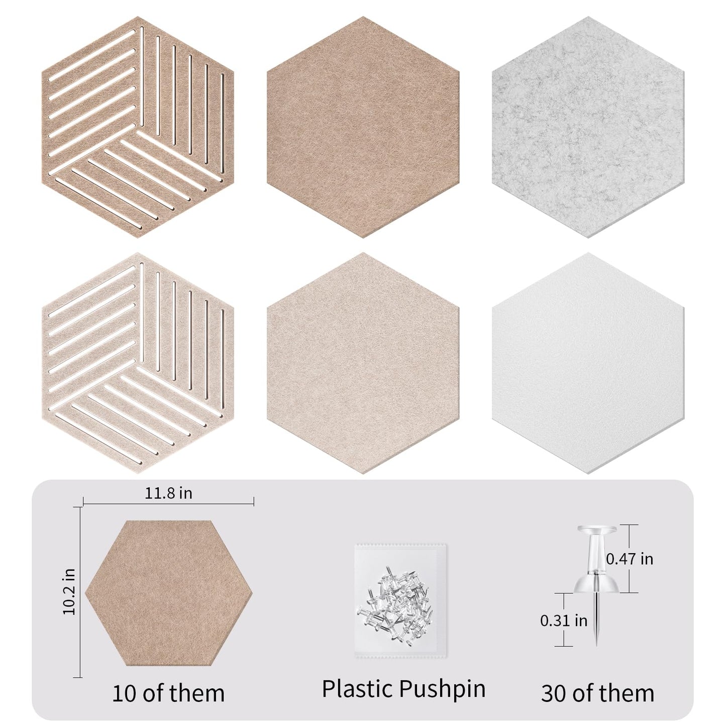 10 Pack Hexagon Cork Board Tiles Alternative, 12'' Fully Self-Adhesive Modern Felt Bulletin for Wall Decor, Frameless Pin Board for Office, Renter-Friendly Decorative Hexagon Corkboard with 30 Pins