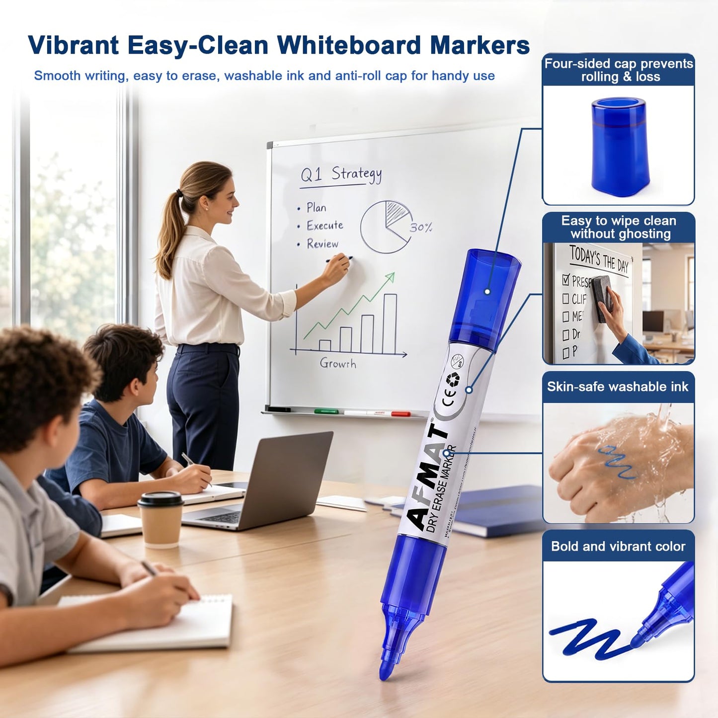 AFMAT Dry Erase Markers, Liquid Bullet Tip Whiteboard Markers with Visible Ink Window, Low Odor & Non-Toxic, 3X Large Capacity, No Residue for White Board, Classroom, Office, Home, Bright Blue,12 Pack