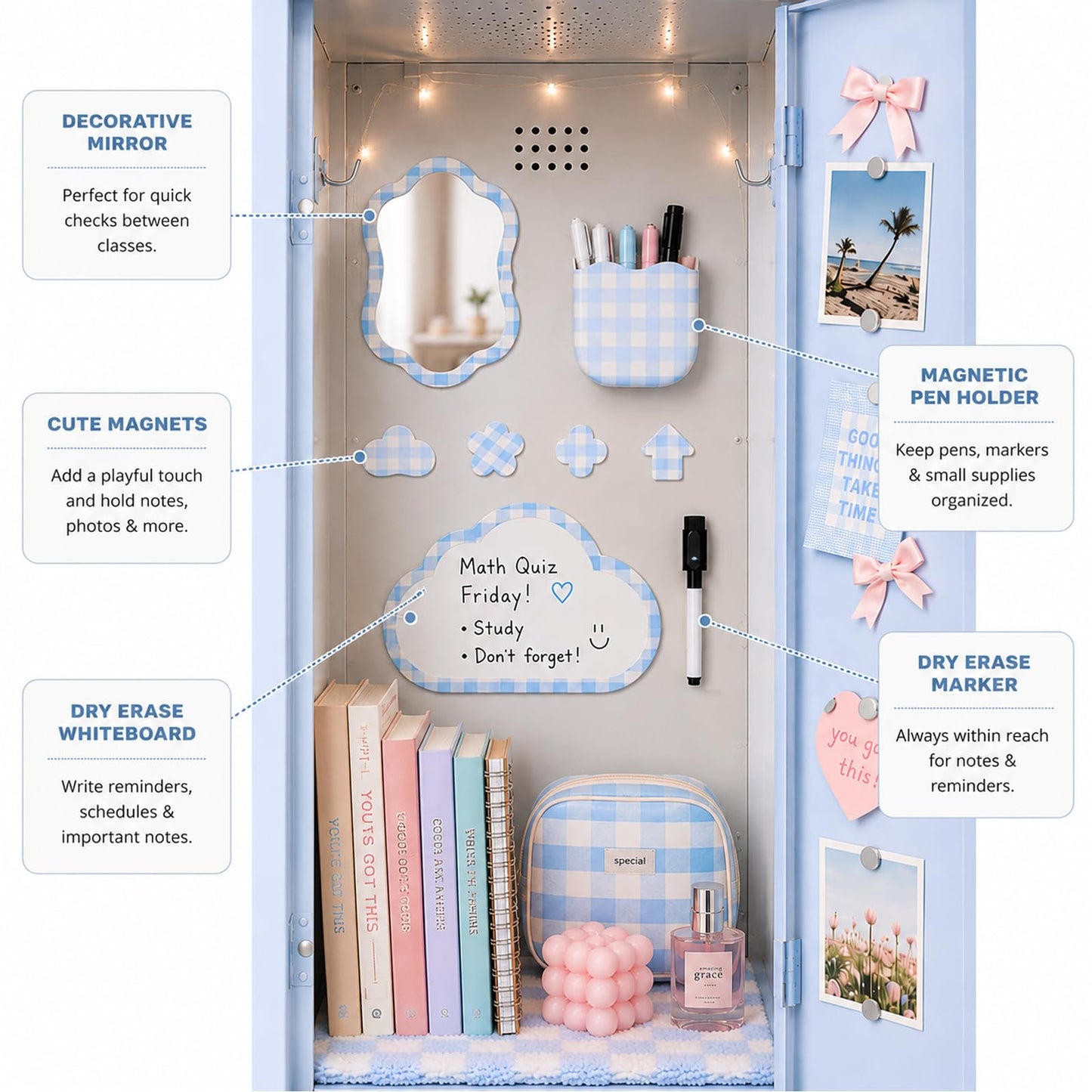 Svartur Magnetic Locker Accessories Set - Locker Mirror, Dry Erase Whiteboard, Magnetic Pen Holder & Cute Magnets, Aesthetic School Locker Decor for Girls, Locker Organizer Kit, Blue