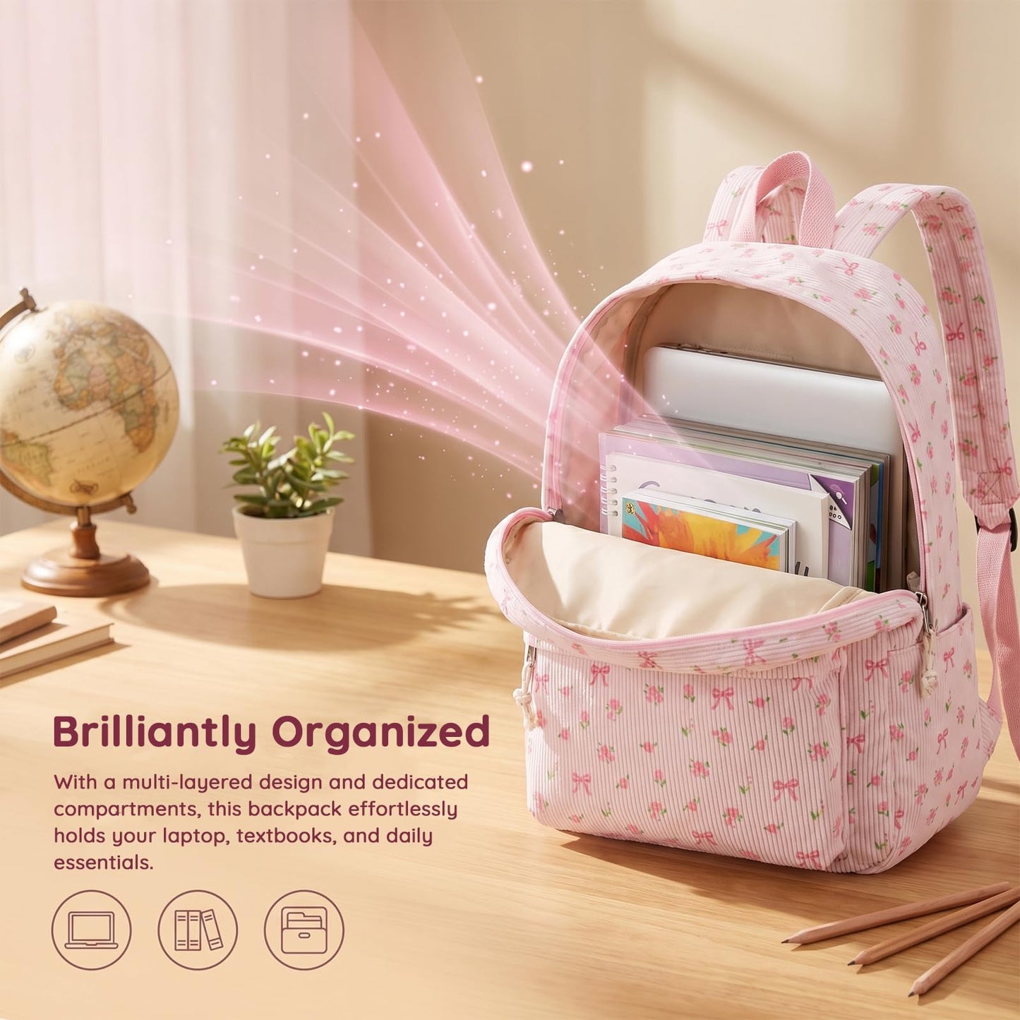 BTOOP School Backpack for Girls Teens Large Corduroy Bookbag Lightweight Casual High School College Backpacks 17 inch Laptop Travel Bag (Pink Bow Floral-1)