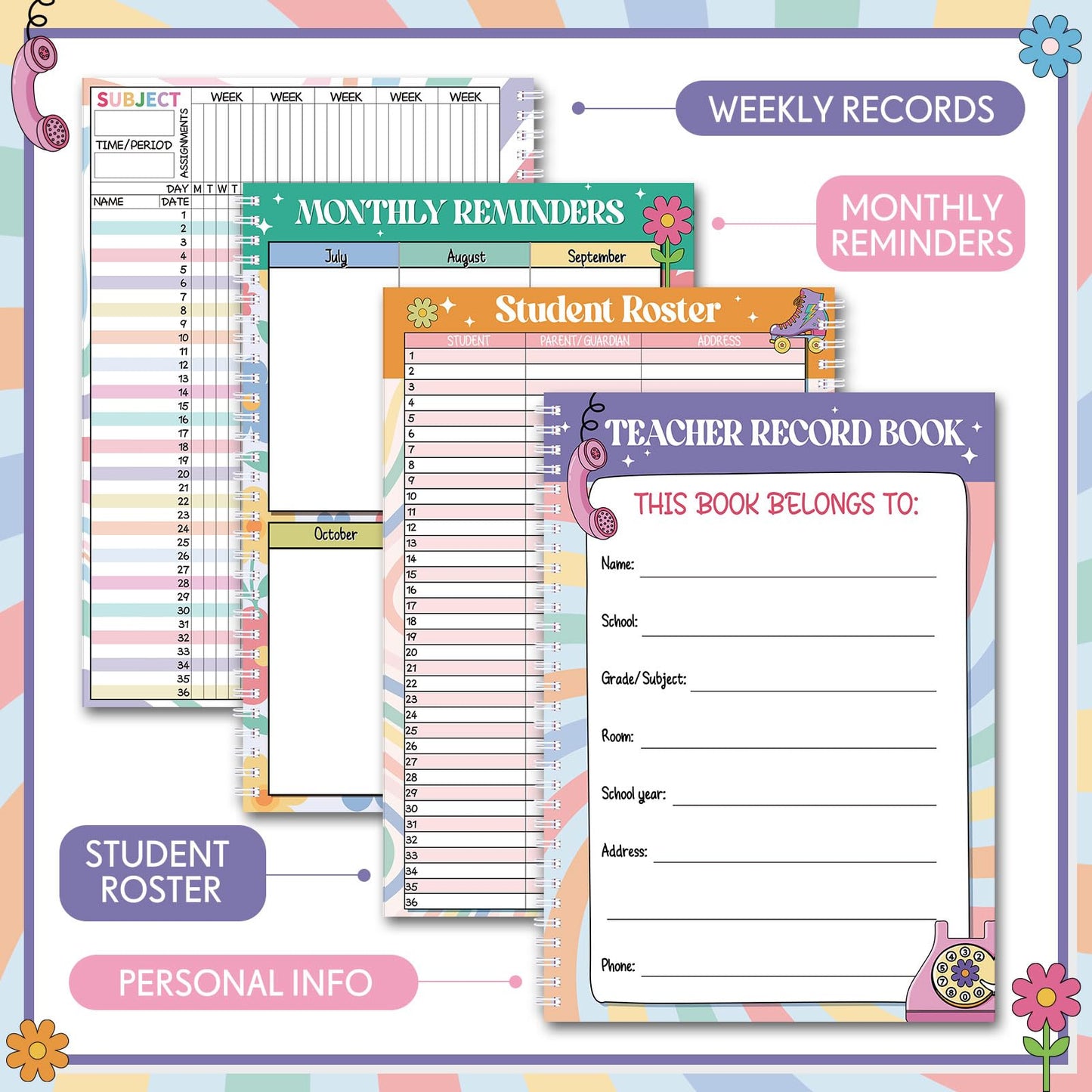 Fuyoooo Retro Remix Teacher Record Book Teacher Grade Books 2026-2027 Spiral Bound Record Planner 2026 Class Grade Book Office Favors for Classroom Attendance Decoration Double Sided