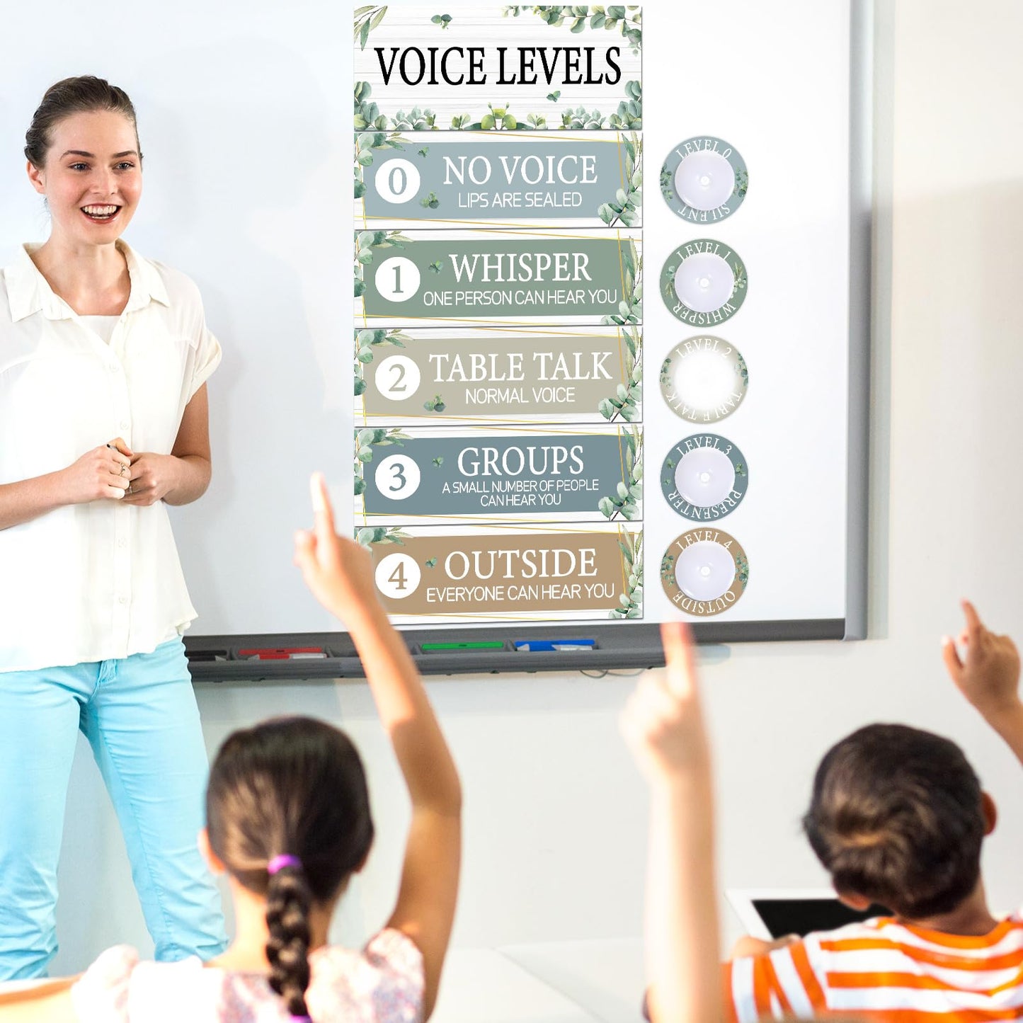 5 Pcs School Push Light and Voice Level Poster Voice Level Chart Monitor Rules Sign LED Tap Light Classroom Rules Poster Noise Chart Classroom Management Tools for Teachers（Eucalyptus Style）