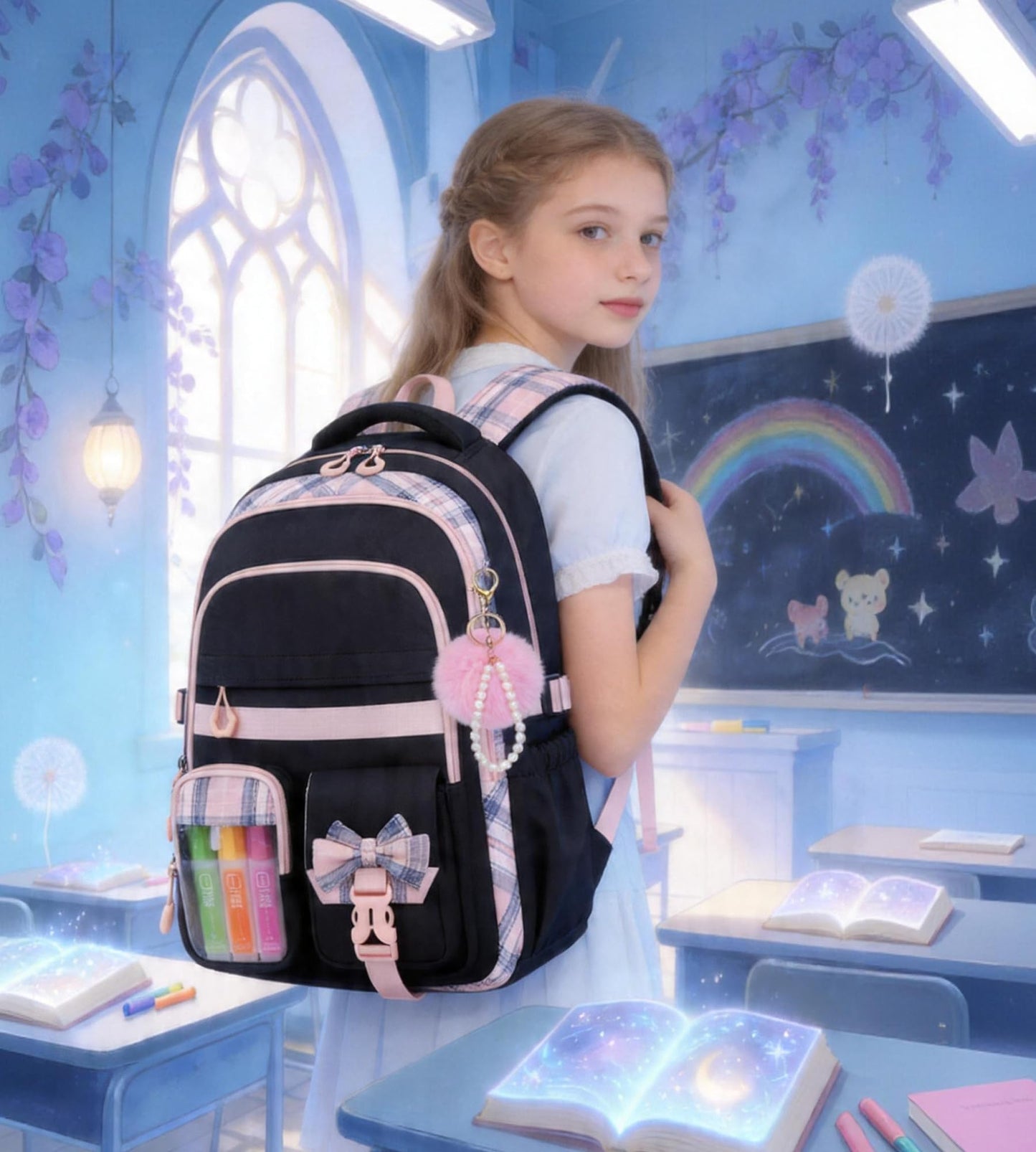 QIXIHU Girls Backpack, 17-Inch Bookbag for Middle & Elementary School, Kawaii Kids Backpack for Girls Ages 6-12(Black Pink)