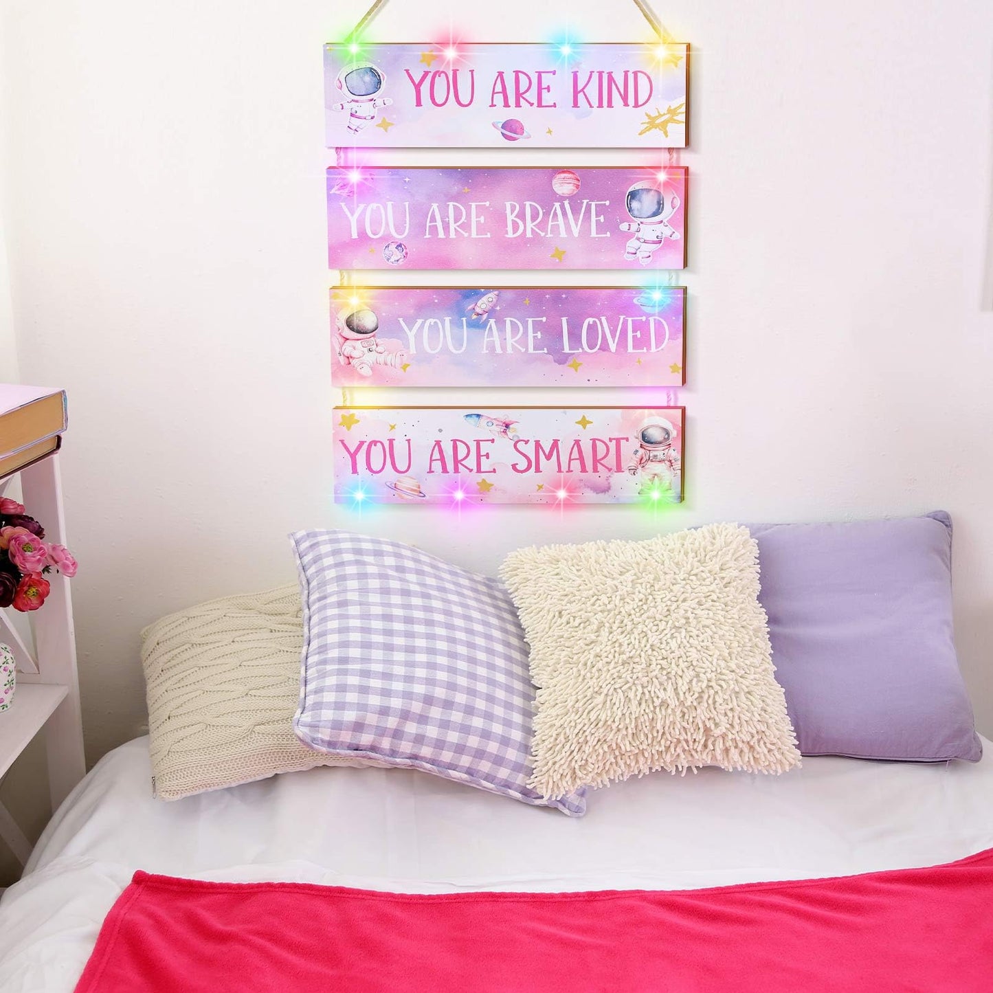 4 Pcs Space Room Decor for Kids Girls Pink Space Wall Art Bedroom Decor with Light and Remote Nursery Classroom Astronaut Galaxy Posters Spaceman Wood Sign Be Brave and Be Kind for Baby Girls