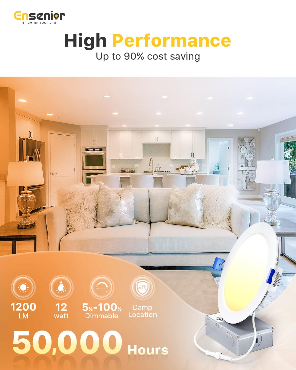 Ensenior 6 Inch LED Recessed Light, Dimmable 2700K-5000K, 1200LM, Ultra-Thin Canless Wafer, Damp Rated,