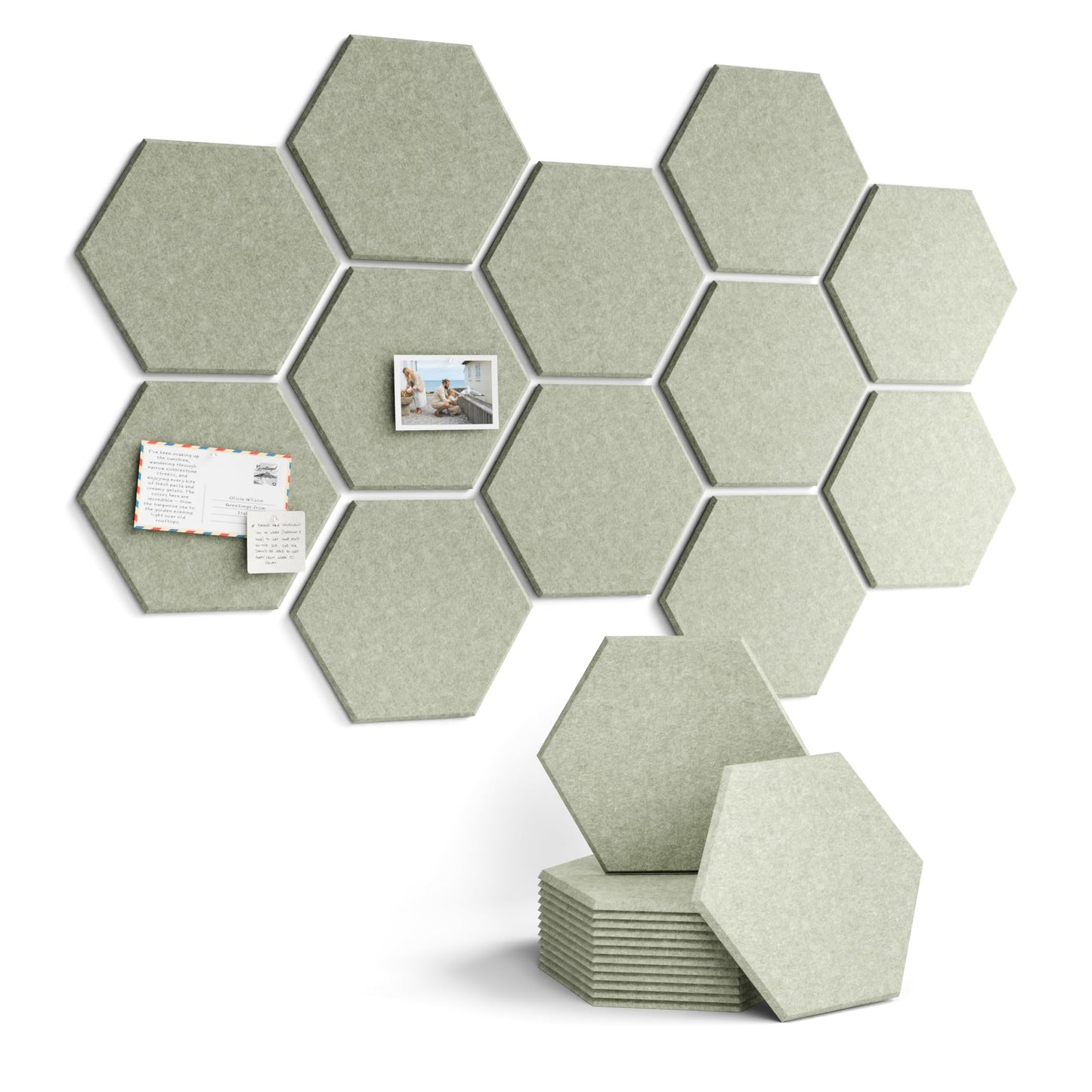Fluxynara Hexagon Cork Board Alternative for Walls Decor-12-Pack Felt Bulletin Board Tiles,with 30 Pushpins,70 Adhesive Tabs for Office,Classrooms & Home Pin Board Felt Board-Sage