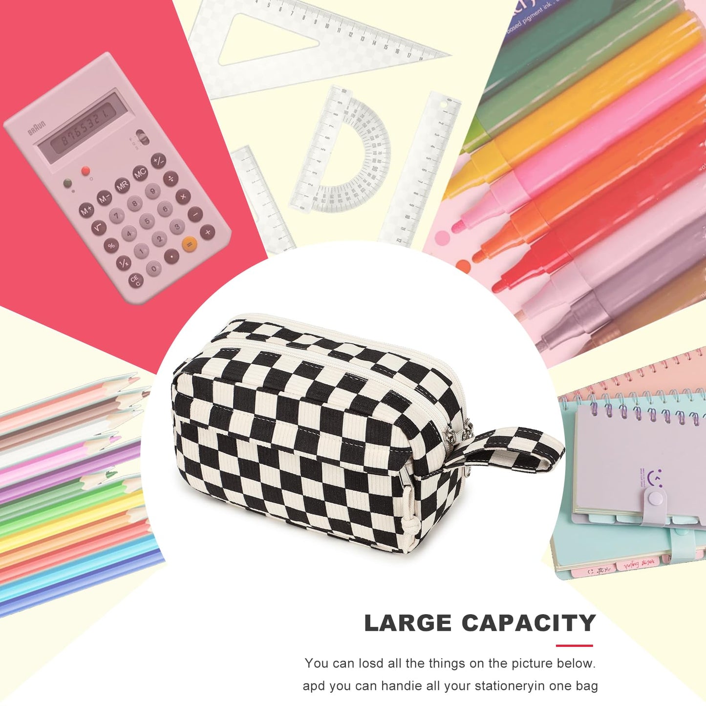 Bluboon Big Capacity Pencil Case Pouch Pen Case School Supplies - Cute Pencil Box Bag for Teen Girls Boys Women Man (Black White Checked)