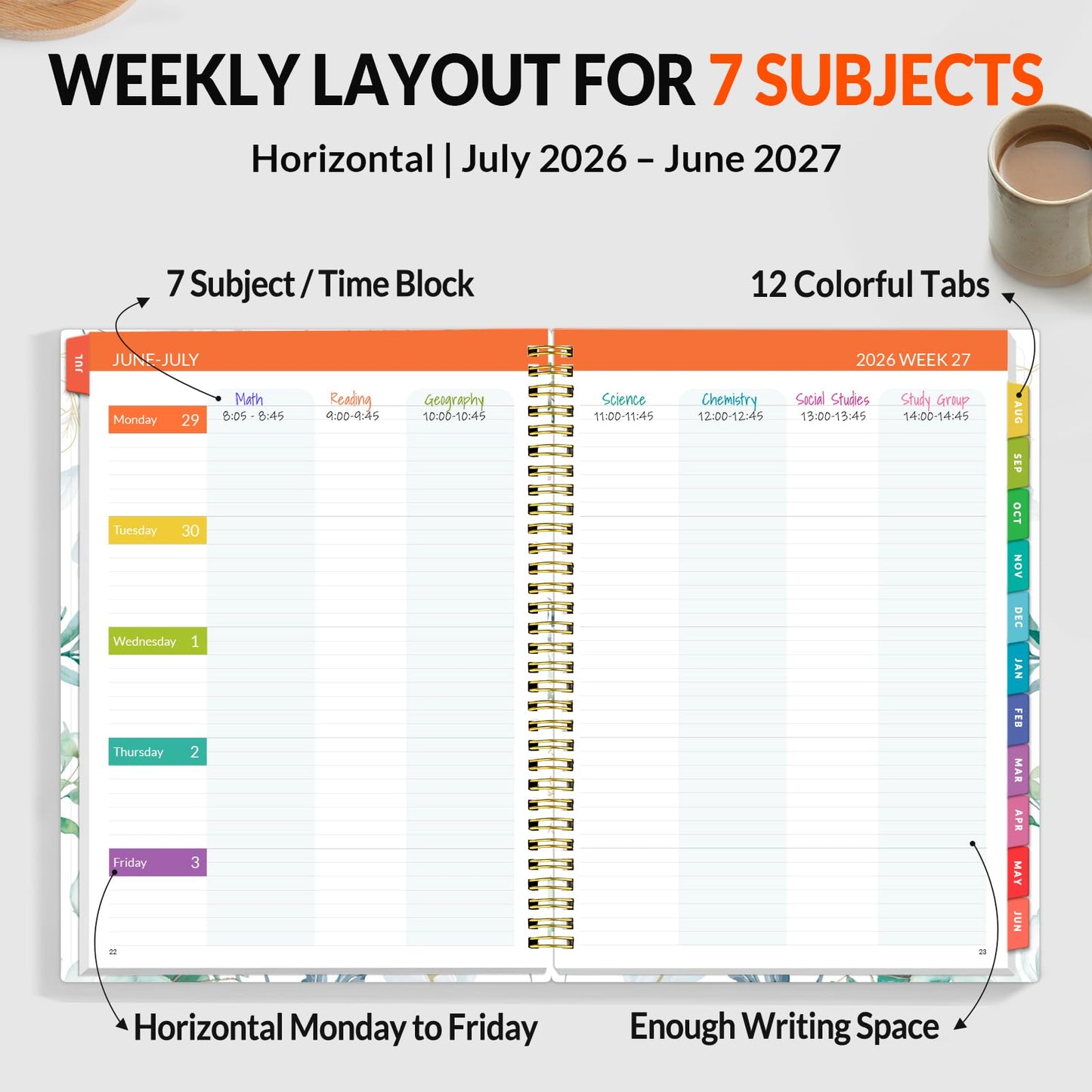 SUNEE Teacher Planner 2026-2027 Academic Year, Lite Lesson Planner Book with 7 Periods Jul 2026 - Jun 2027, 8.5"x11" Daily Weekly and Monthly Organizers, Plan Book with Pocket, Color Tabs, Full Leaf