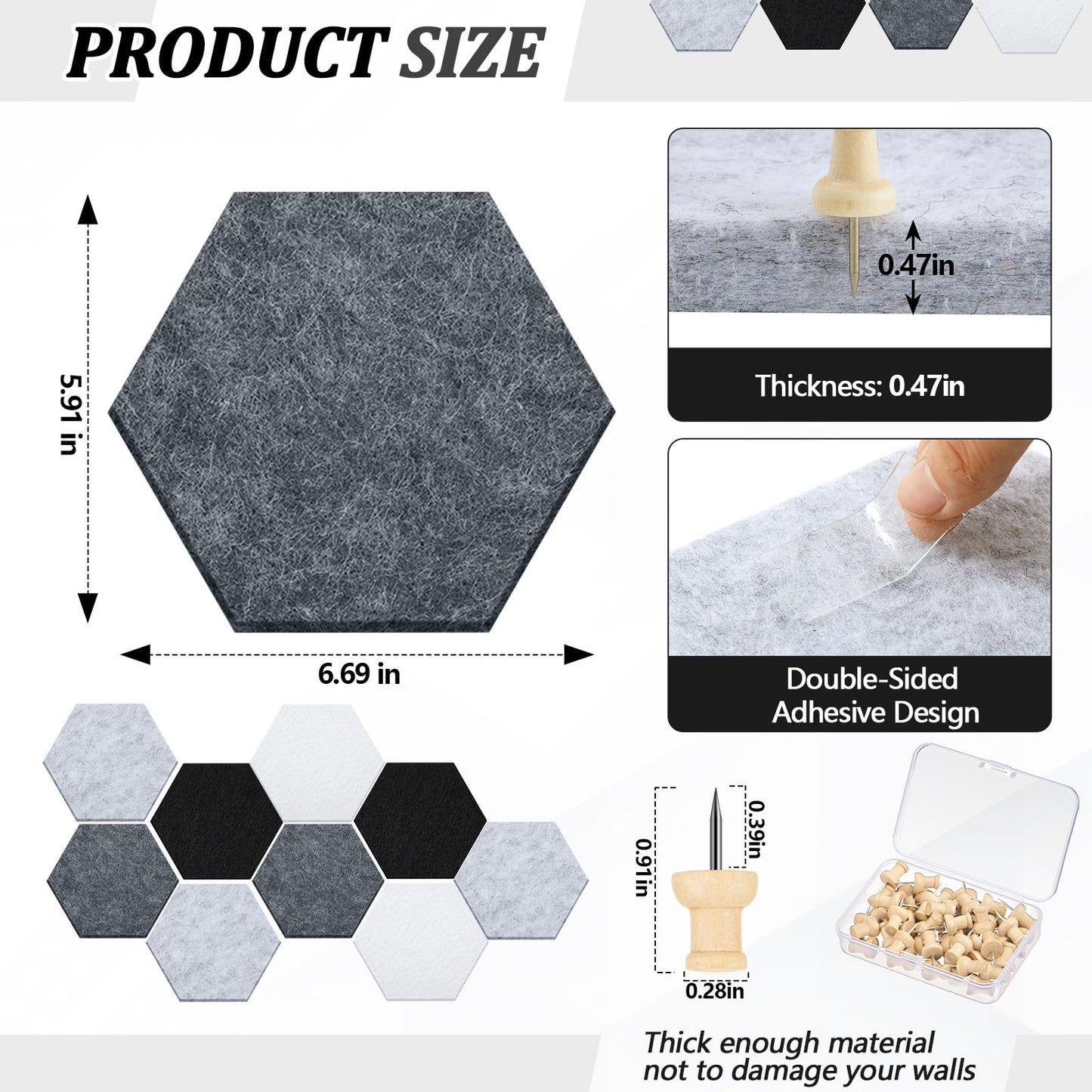 Mindsoft 16 Pcs Hexagon Cork Board for Walls with 50 Wooden Push Pins 6.7 x 5.9 in Felt DIY Tiles Notice with Nano Tape Hanging Bulletin Board for Home Photo Office Memo Note(Grey)