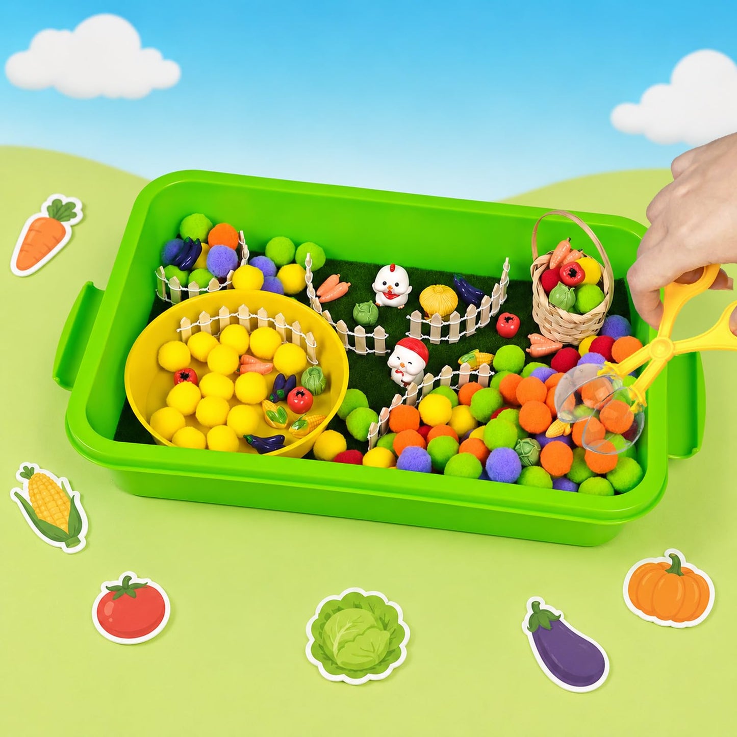 Cinrobiye 152 Pcs Vegetable Sensory Bin Fillers Set with Storage Box, Farm Vegetables, Garden Tools and Barn Accessories for Vegetable Sensory Bin, Classroom Activities, Home Projects and Scene Setup
