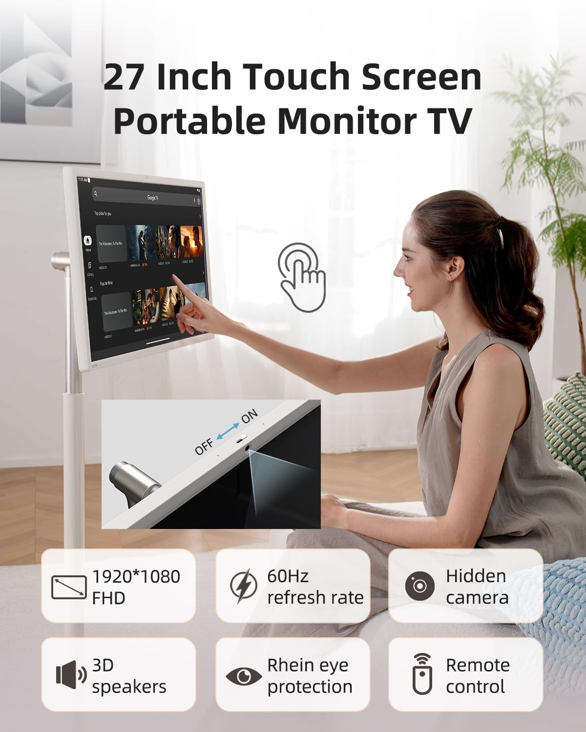 KTC MegPad 27 Inch Portable Screen TV - 1080P Touch Screen Monitor on Wheels with 8MP Camera, Compatible with Google TV, Android 14, QC 8G RAM+128G Storage, 9500mAh Battery, Remote Control