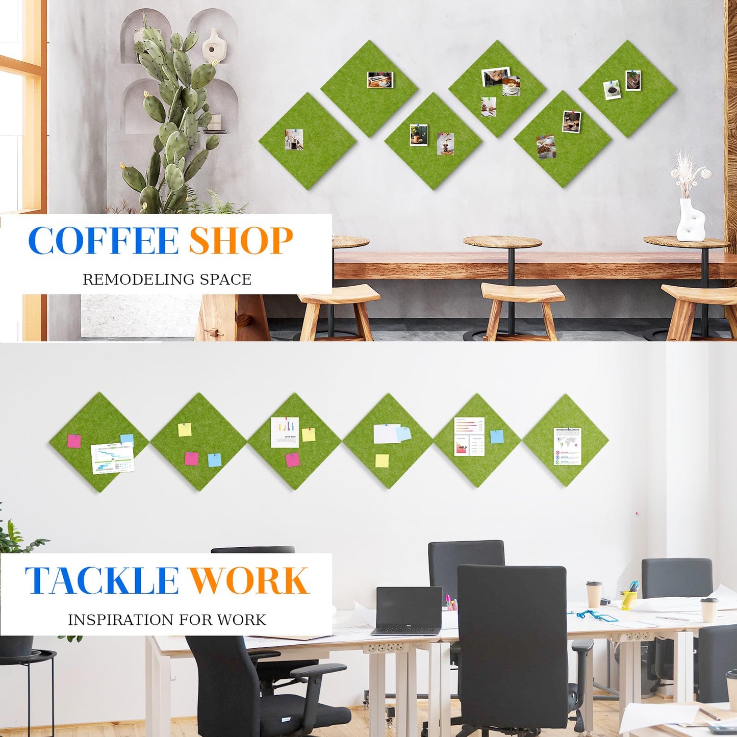 DOLLAR BOSS Felt Cork Board Tiles, 6 Packs 12" x 12" 1/2" Thick Cork Bulletin Board Self Adhesive Corkboards for Walls with 60 Pushpins for Home Office Kitchen School Decor Display, Green