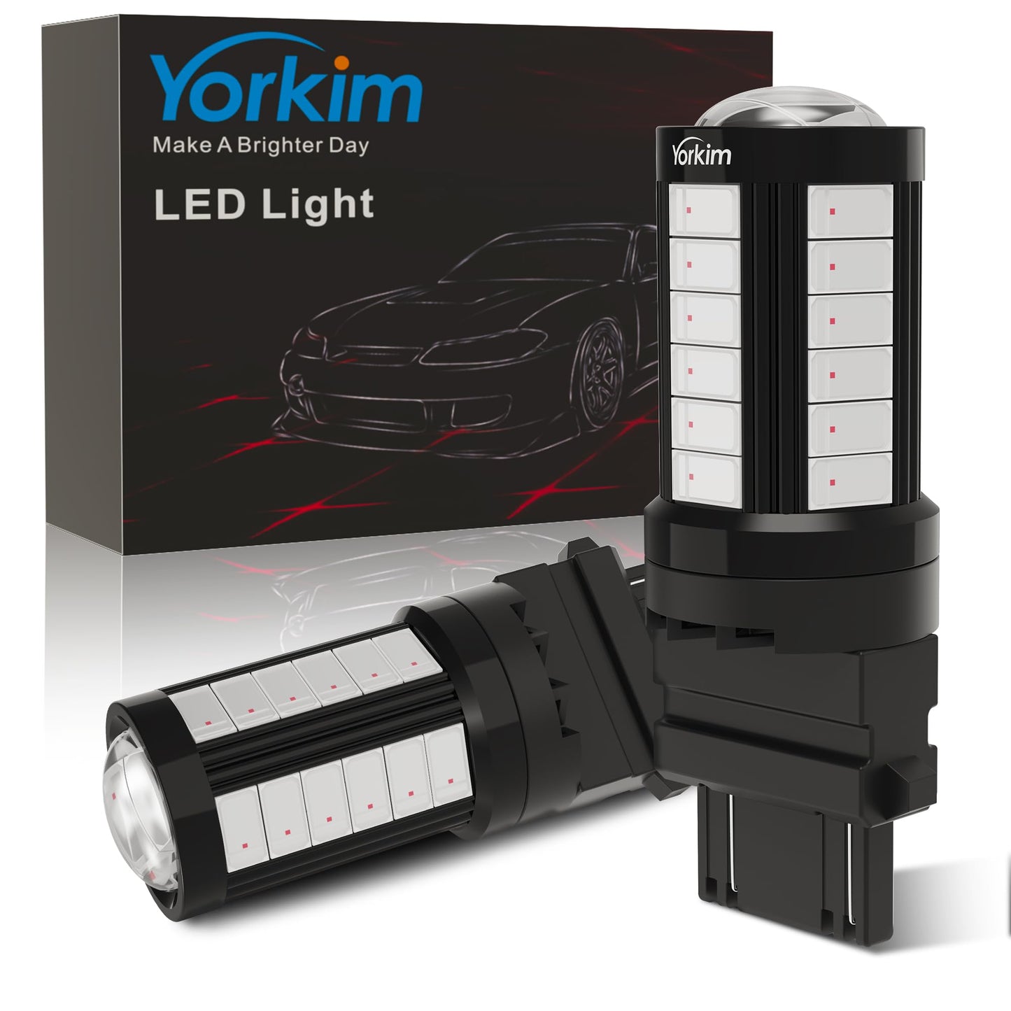 Yorkim 3157 LED Light Bulbs, Red, Super Bright, for Brake/Reverse Lights, Pack of 2