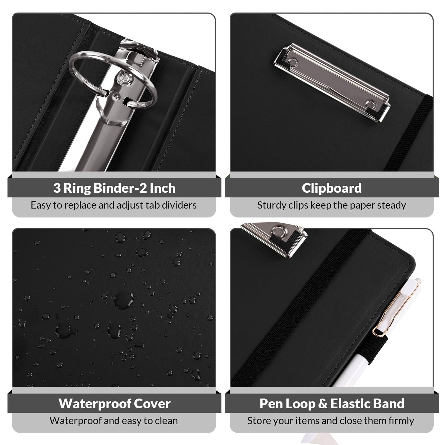 SKYDUE 3 Ring Binder with Clipboard, 2 Inch PU Heavy Duty Binder with Notepad & 5 Dividers with 5 Pockets, Labels, Clipboard Folder Great for School Office(Fit Letter Sized Paper)