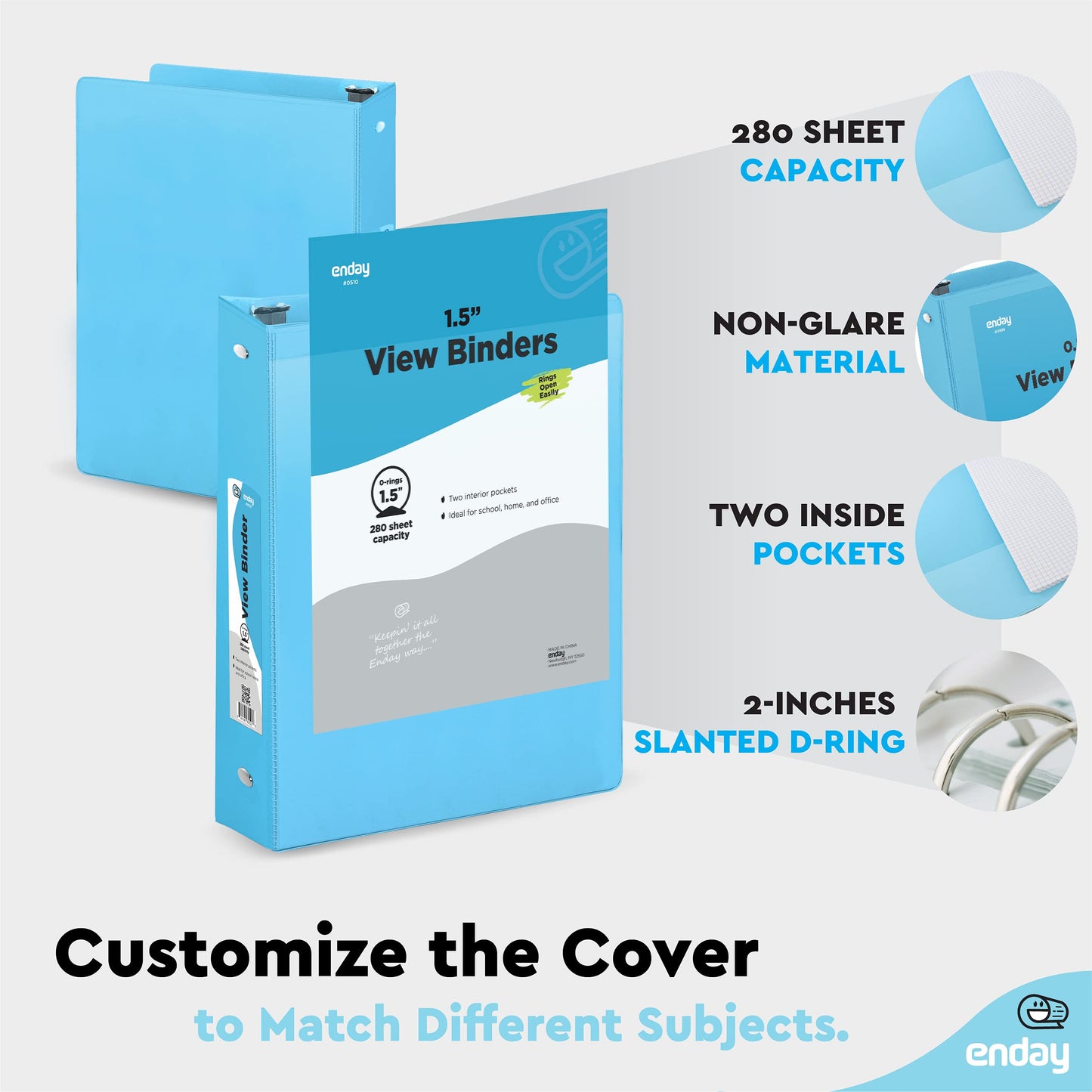 Enday 3 Ring Binder 1.5 Inch, Blue Heavy Duty Three Ring Binder, 325 Sheets Capacity - 1.5 Inch Binder for Home School and Office