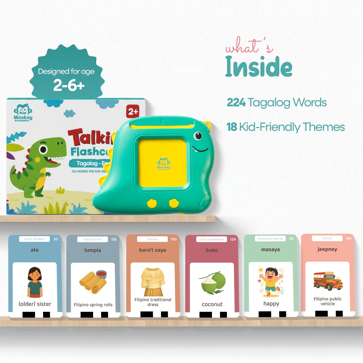 Monkey & Bananas Tagalog (Filipino)–English Talking Flash Cards | Bilingual Toy for Toddlers & Beginner Learners | 224 Words, 18 Themes | Screen-Free Educational Gift | Ages 2–6