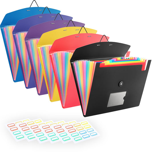 6 Pack Accordion File Organizer with Labels, 13 Pocket Expanding File Folder for Letter Size A4 Papers, Ideal for Home, Office Supplies, College Essentials