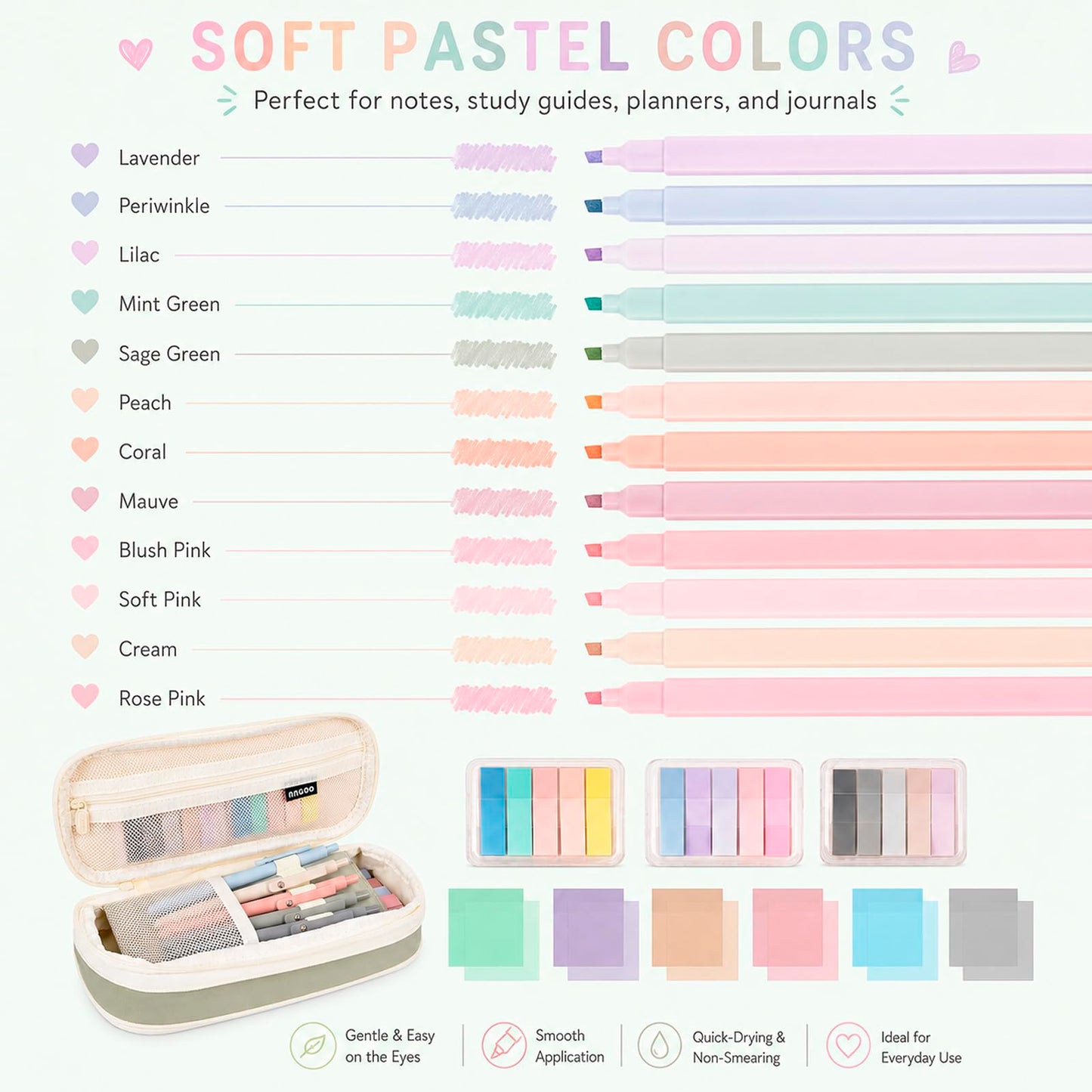27 Pcs Aesthetic School Supplies Include 12 Pcs Aesthetic Highlighters Bible 1 Ppcs Big apacity Pen Case Bag 5 Pcs Retractable Quick Dry Gel Ink Pens 9 Pads Clear Sticky Tabs for School Office Home