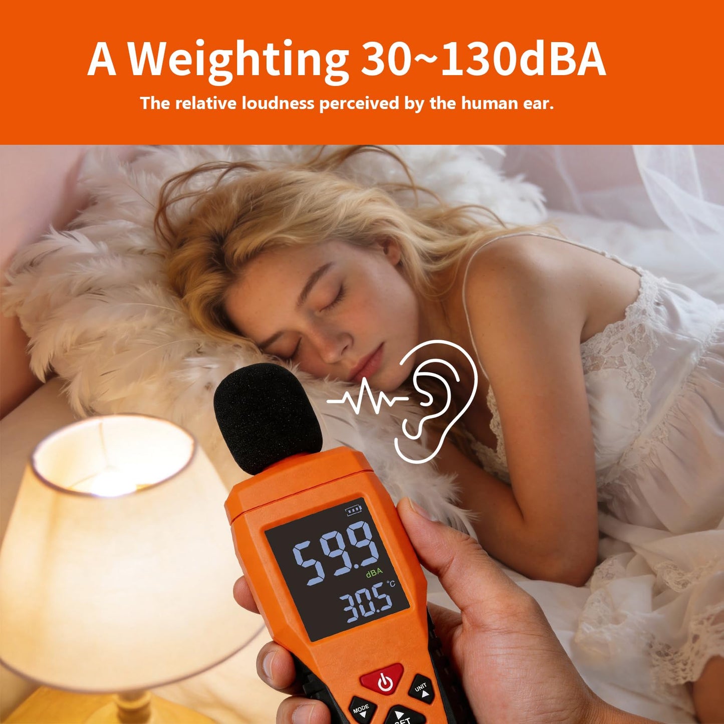 Sound Level Meter Reader with HD Backlit LCD Decibel and Ambient Temperature Meter, Sound & Noise Meter SPL Tester with Alarm, Fast/Slow, Data Hold, MAX/MIN, Auto Power-Off for Noisy Neighbors Office