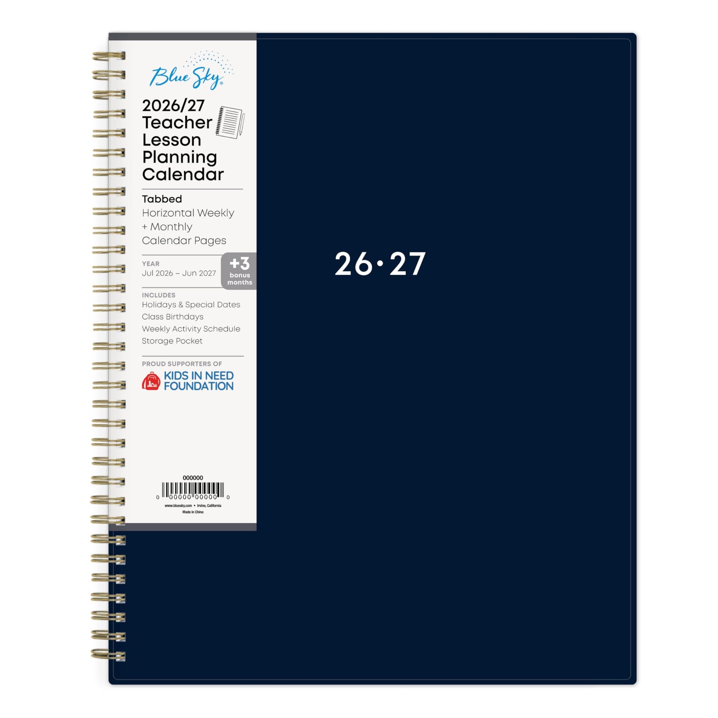 Blue Sky 2026-2027 Weekly and Monthly Academic Year Teacher Lesson Planner Calendar, July 2026 - June 2027, 8.5" x 11", Flexible Cover, Wirebound, Laminated Tabs, Storage Pocket, Solid Navy