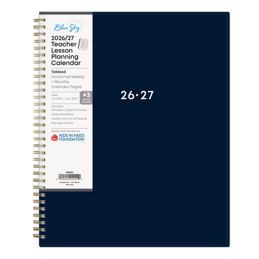 Blue Sky 2026-2027 Weekly and Monthly Academic Year Teacher Lesson Planner Calendar, July 2026 - June 2027, 8.5" x 11", Flexible Cover, Wirebound, Laminated Tabs, Storage Pocket, Solid Navy