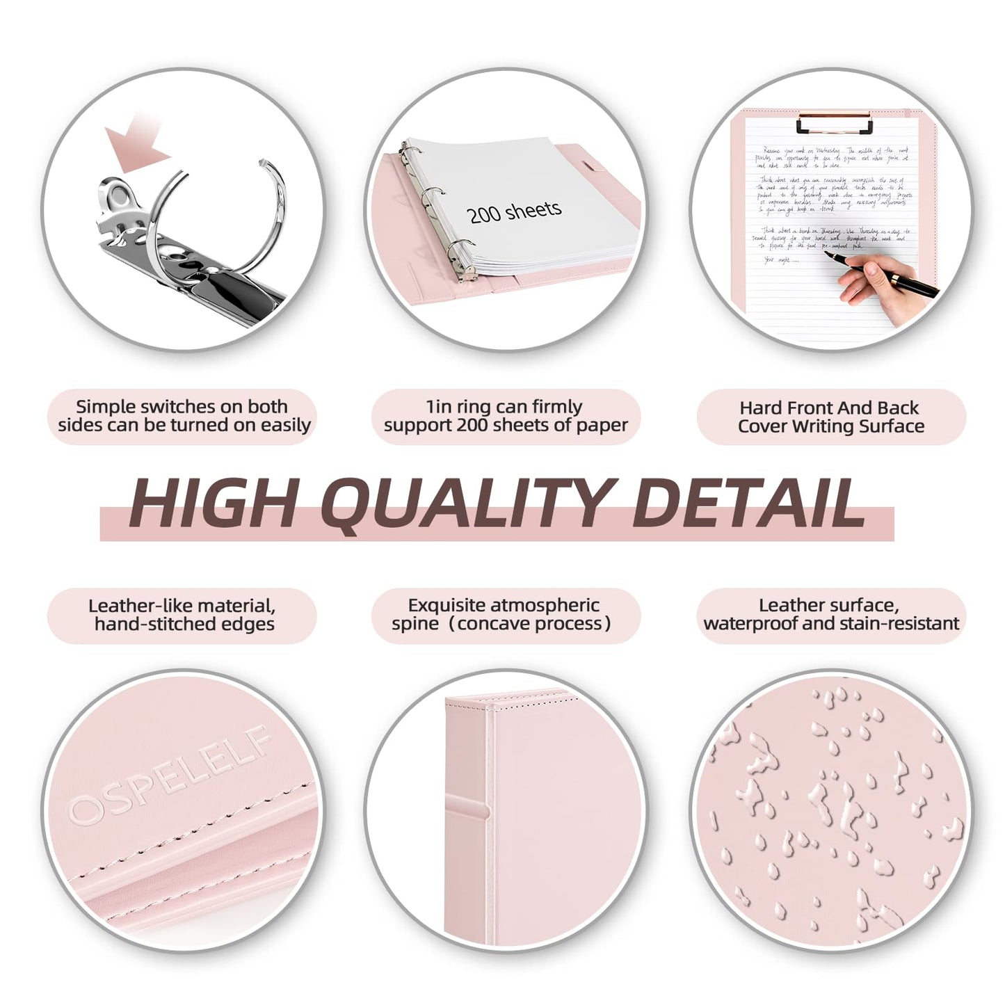 Ospelelf 3 Ring Binder with Clipboard 1 Inch Leather Binder for Letter Size (8.5" x 11"), Clipboard Binder with 5 Tab Dividers for School, Office, Pink