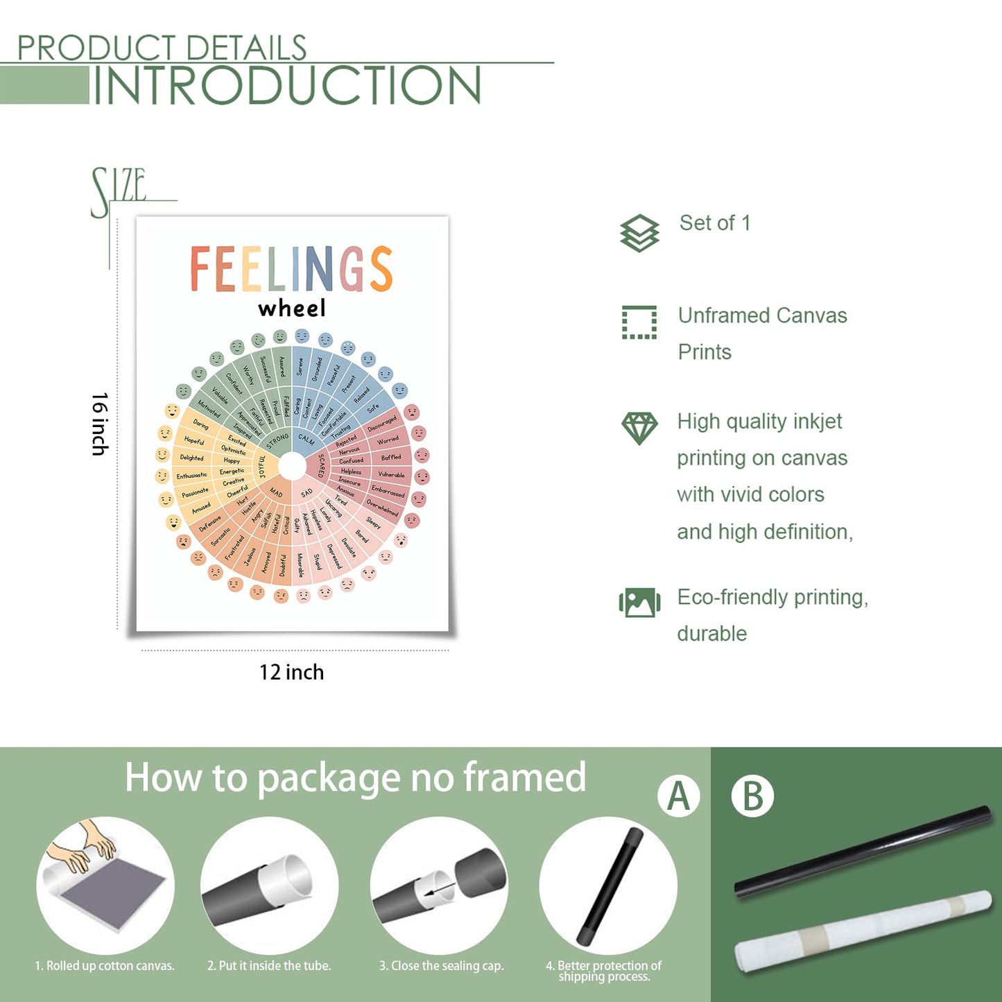 uoyien Feelings Wheel Emotions Poster Kids Feelings Emotions Chart Preschool Classroom Must Haves Canvas Wall Art Prints Calming Corner Classroom Decor Mental Health Therapy Posters 12x16in Unframed