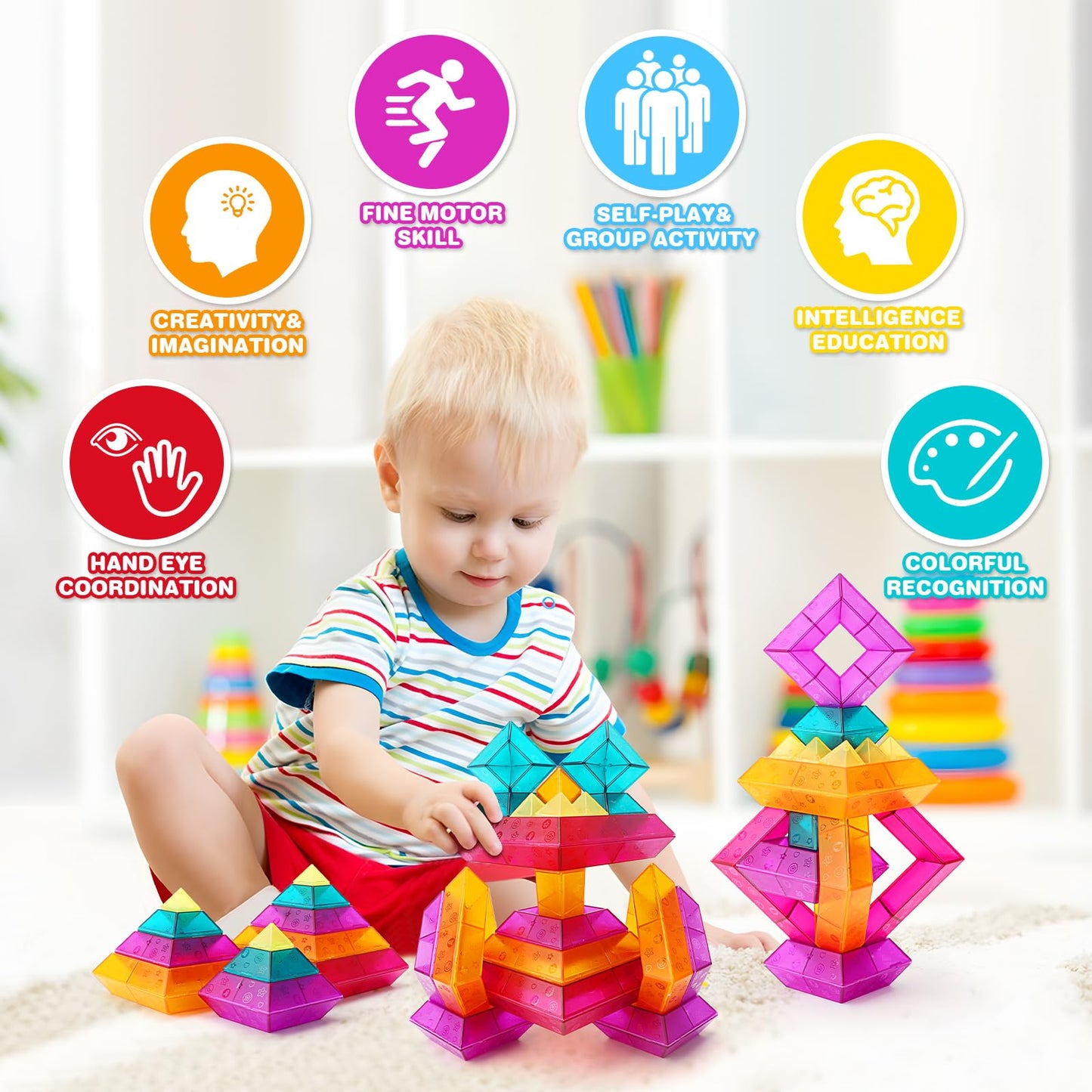 30-Piece Building Blocks Set for Kids - STEM Preschool Learning Activities Ages 3-6 Years Old, Light Table Compatible Educational Stacking Toys