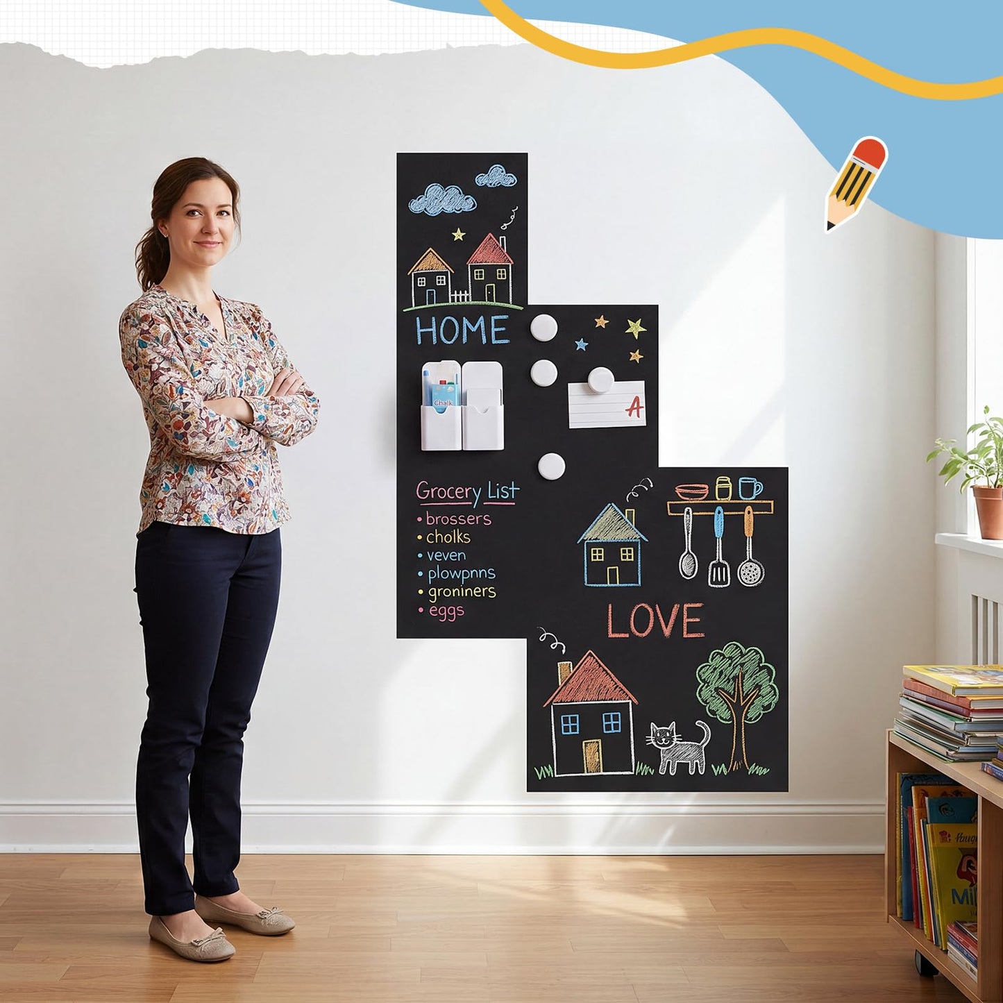 Poola Voidra 40" x 24" Magnetic Wall Decal, 8 Pcs Peel and Stick Magnetic Contact Paper with Chalk Eraser and Magnet Storage Boxes, Drawing Modular Board for Playroom Classroom Home(Black)
