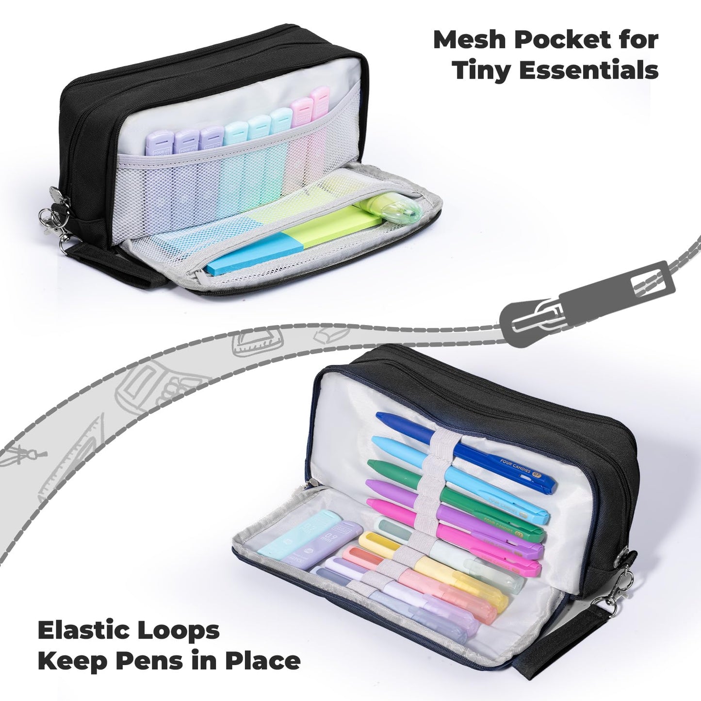 Four Candies Black Pencil Case 3 Compartment Pouch, Large Pencil Pouch for School, Girls, Teen Boys, Women, Black, Removable Handle & Zipper, Cute Pencil Bag for Office, College
