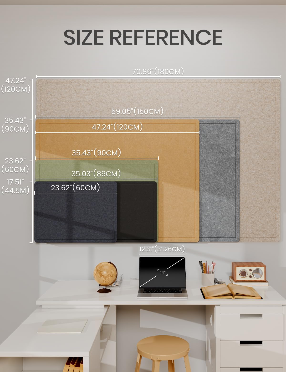 Fluxynara Bulletin Board, 35" x 17.5" Cork Board Alternative with 12 Safe Removable Adhesive Tabs, Foldable Felt Pin Board for Home Office, Classroom, Bedroom,Entryway for Walls—Taupe