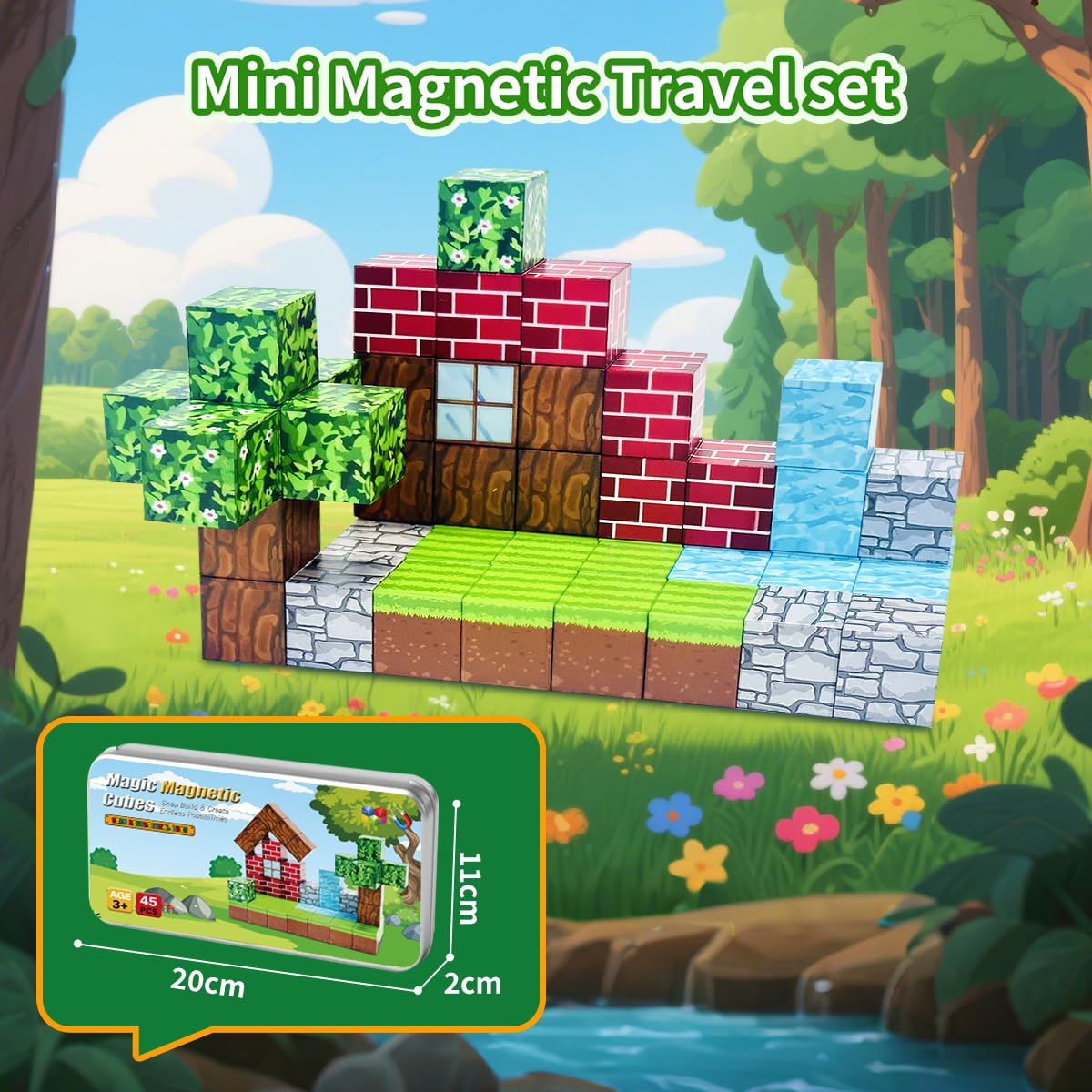 uMadeUs Magnetic Blocks Building Set - Puzzle Cubes as STEM Toys for Kids - Toddlers Sensory Construction Tiles - Ages 3+ Creative Educational Games for Boys and Girls - Adventure Forest 100pc Block