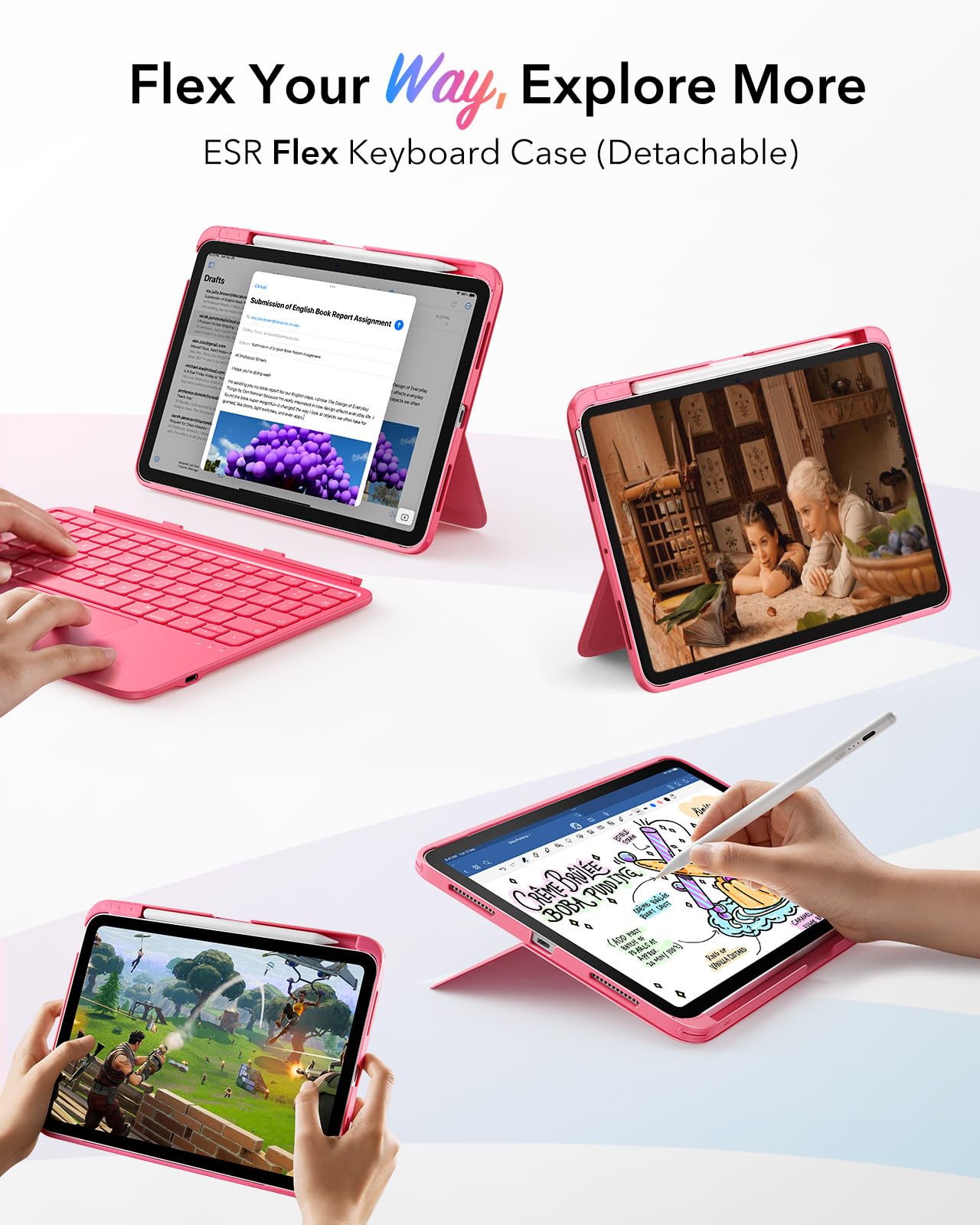 ESR iPad 11th (A16) 2025/10th Gen Flex Keyboard Case, Ultra-Light Magnetic Detachable Keyboard for iPad 10.9" with Writing/Viewing Modes, Larger Precision Trackpad, Pink